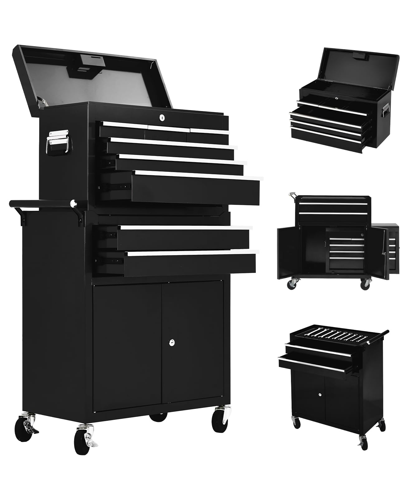 8 Drawer Rolling Tool Chest 2 in 1 High Capacity Removable Cabinet Storage Tool Box with Wheels and Drawers Detachable Toolbox with Lock for Workshop Mechanics Garage Black #BZI-WNHB-7CTR0UQA42