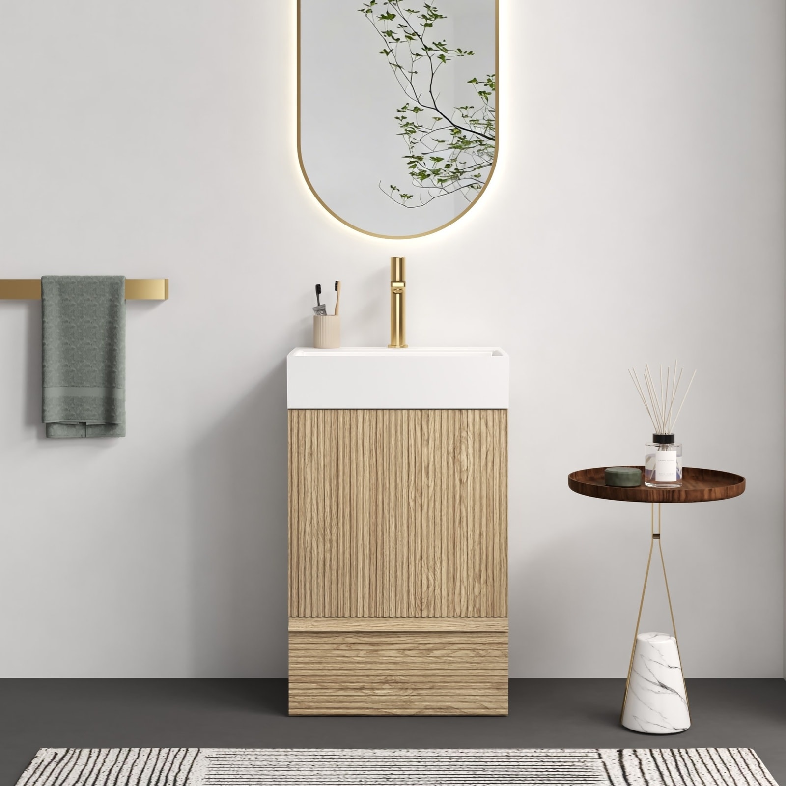 LIVACA 20 inch Light Oak MDF Bathroom Vanity with White Ceramic Sink and Soft Close Hardware