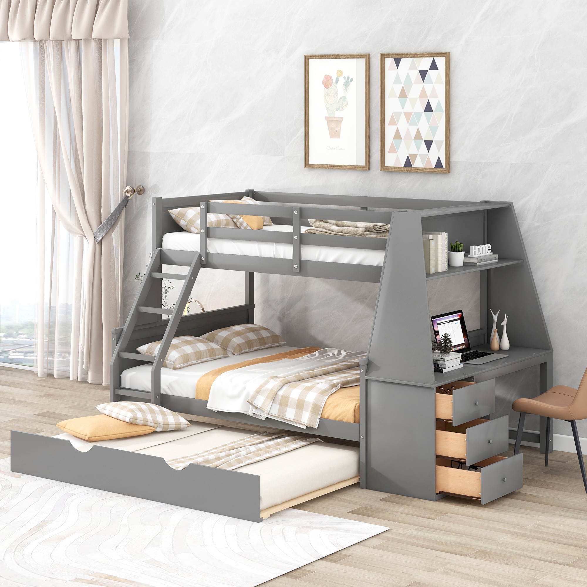 ModernLuxe GX000316AAE Twin over Full Bunk Bed with Trundle and Builtin Desk Three Storage Drawers and ShelfGray