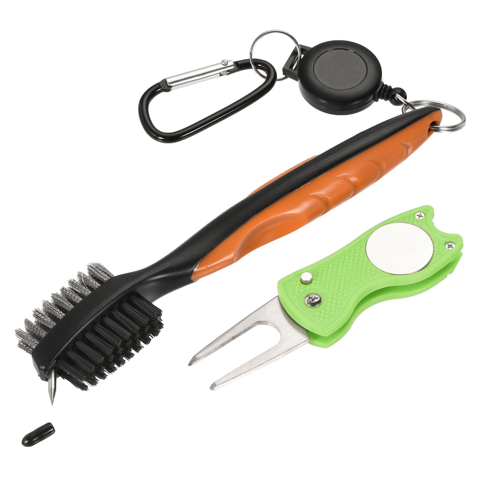 Unique Bargains Golf Club Brush Double Sided Retractable Dust Groove Cleaner with Extension Cord Clip Divot Tool Orange Green