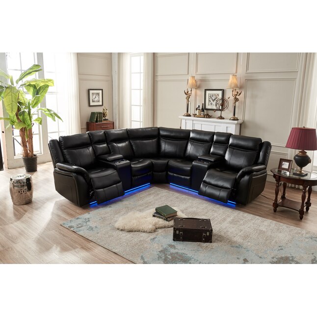 Clihome Power Reclining Sectional Sofa, Modern Black Faux Leather Sectional