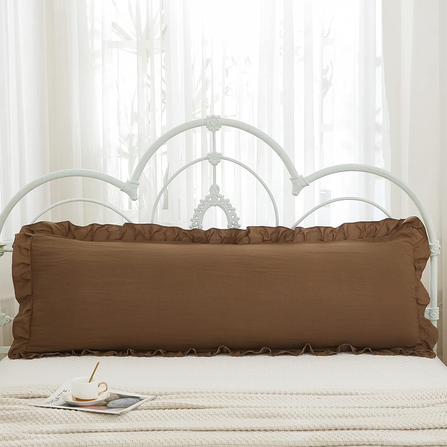 DecorUHome PC2054BN 1pc 20x54in Soft Ruffled Edge Long Pillowcase Washed Microfiber Envelope Closure Decorative for Sofa Bed Machine Washable Brown