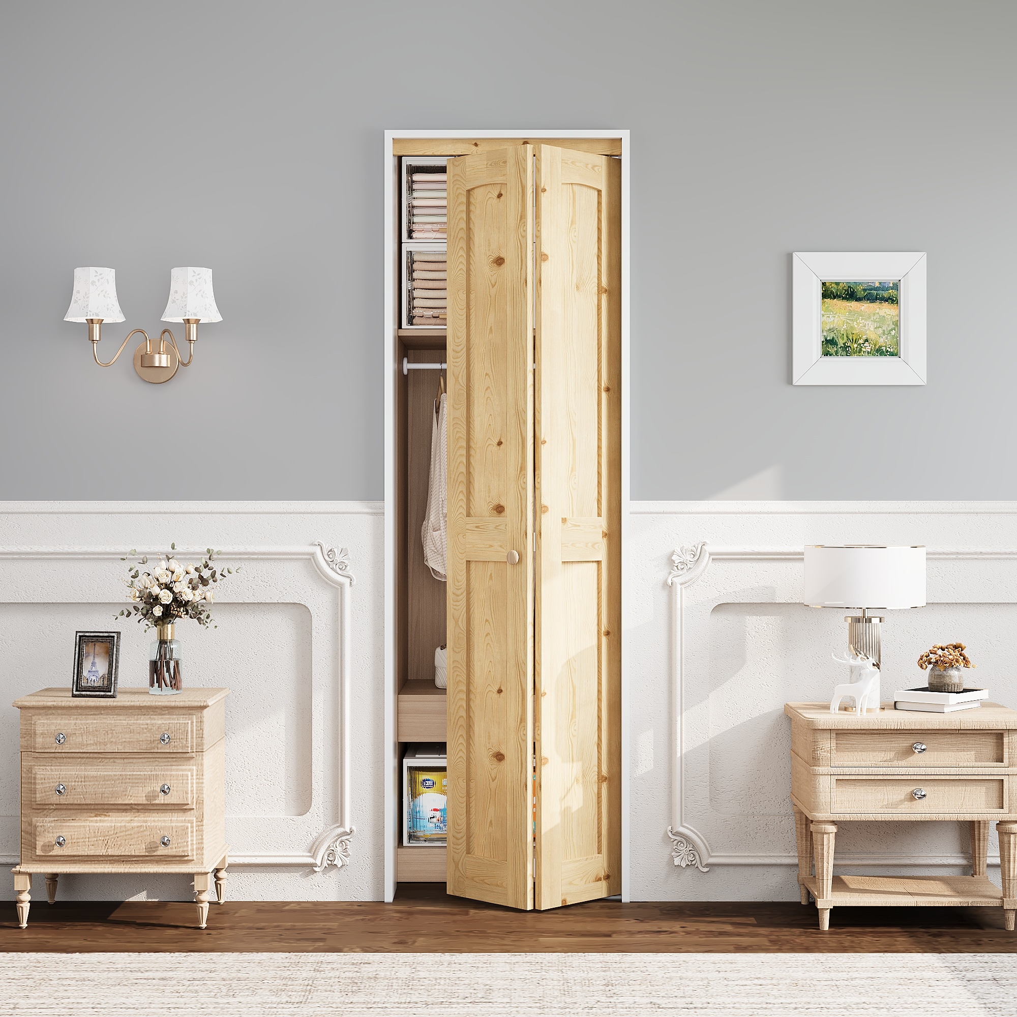 AINLARRY Brown 2-Panel Arch Top Textured Solid Core Unfinished Pine Wood Closet Bifold Door (Hardware Included)