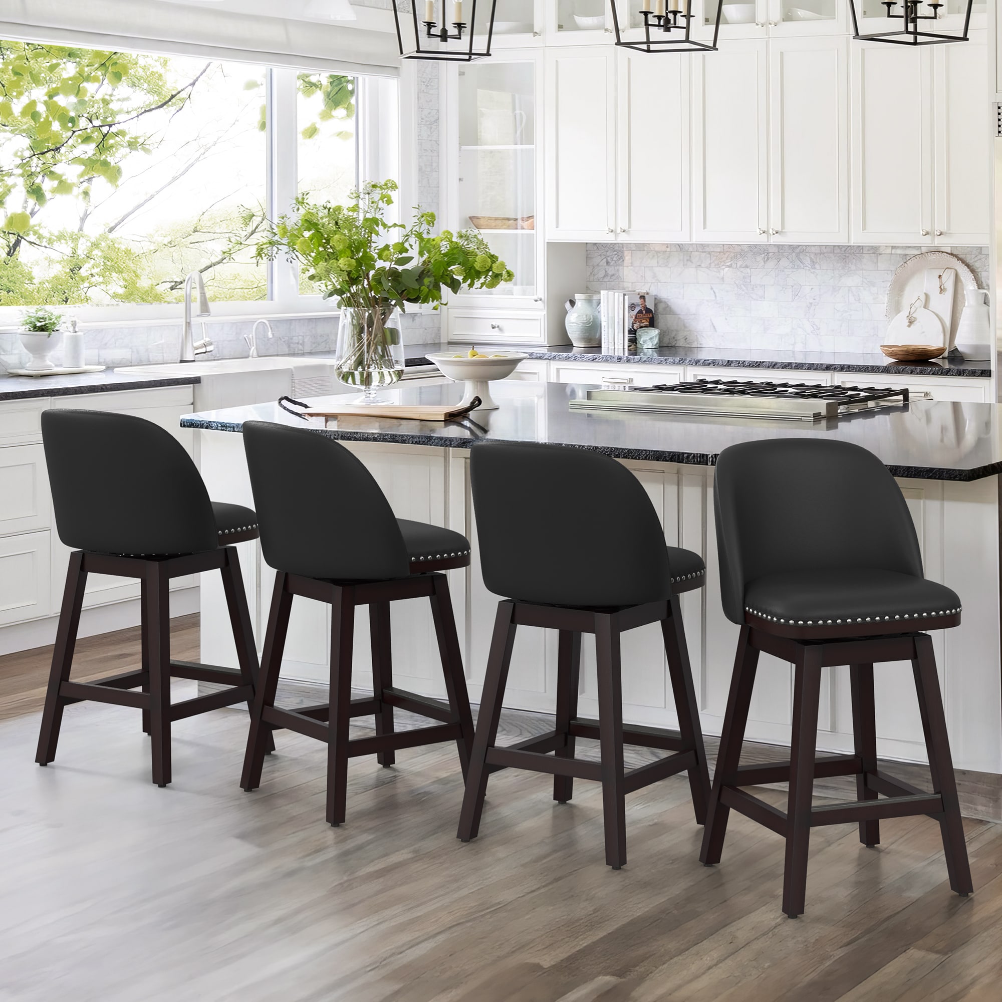 LUE BONA 4YB-009-01LS Set of 4 Black/Faux Leather 26-in H Counter height (24-in to 27-in) Square Seat Upholstered Swivel Wood Back Bar Stool Back