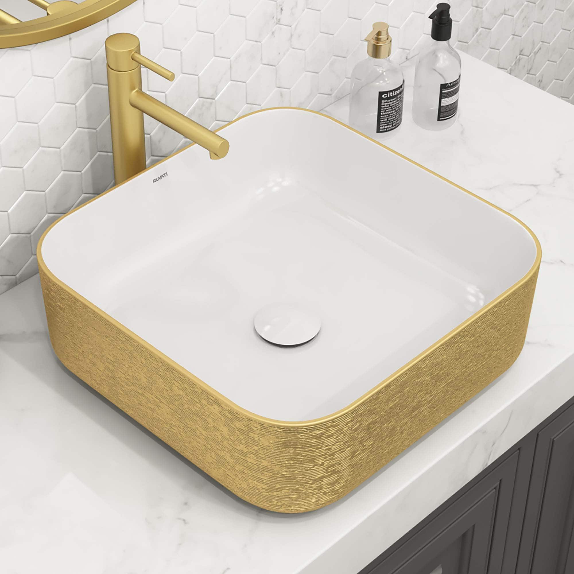 Ruvati RVB1414WG Pietra Porcelain Vessel Square Modern Gold / White Bathroom Sink with Drain Included ( 15-in x 15-in )
