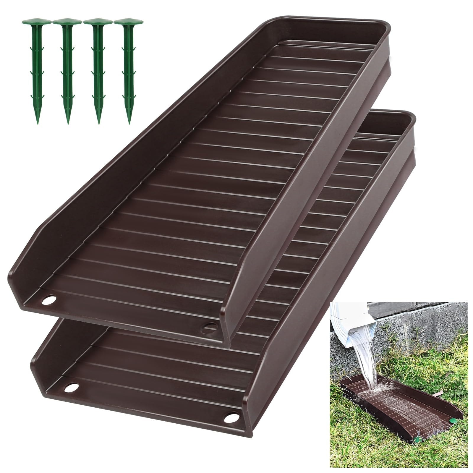 Misopily  2 pack gutter downspout extensions brown 16 inch splash block and diverter with stakes protects foundation and landscaping easy to