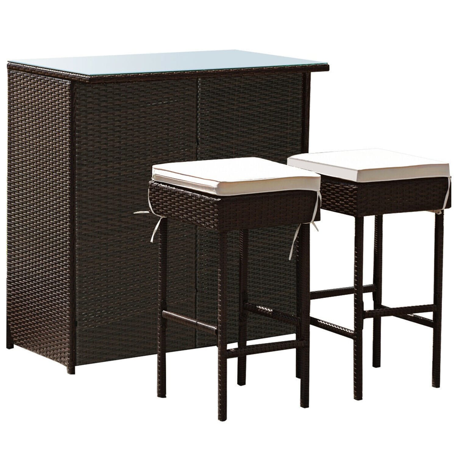 WELLFOR OUG68745WH 3 -Piece Mix Brown Rattan Bar Height Patio Dining Set Rattan Rectangle Table with 2 Off-white Cushions Stationary Chairs