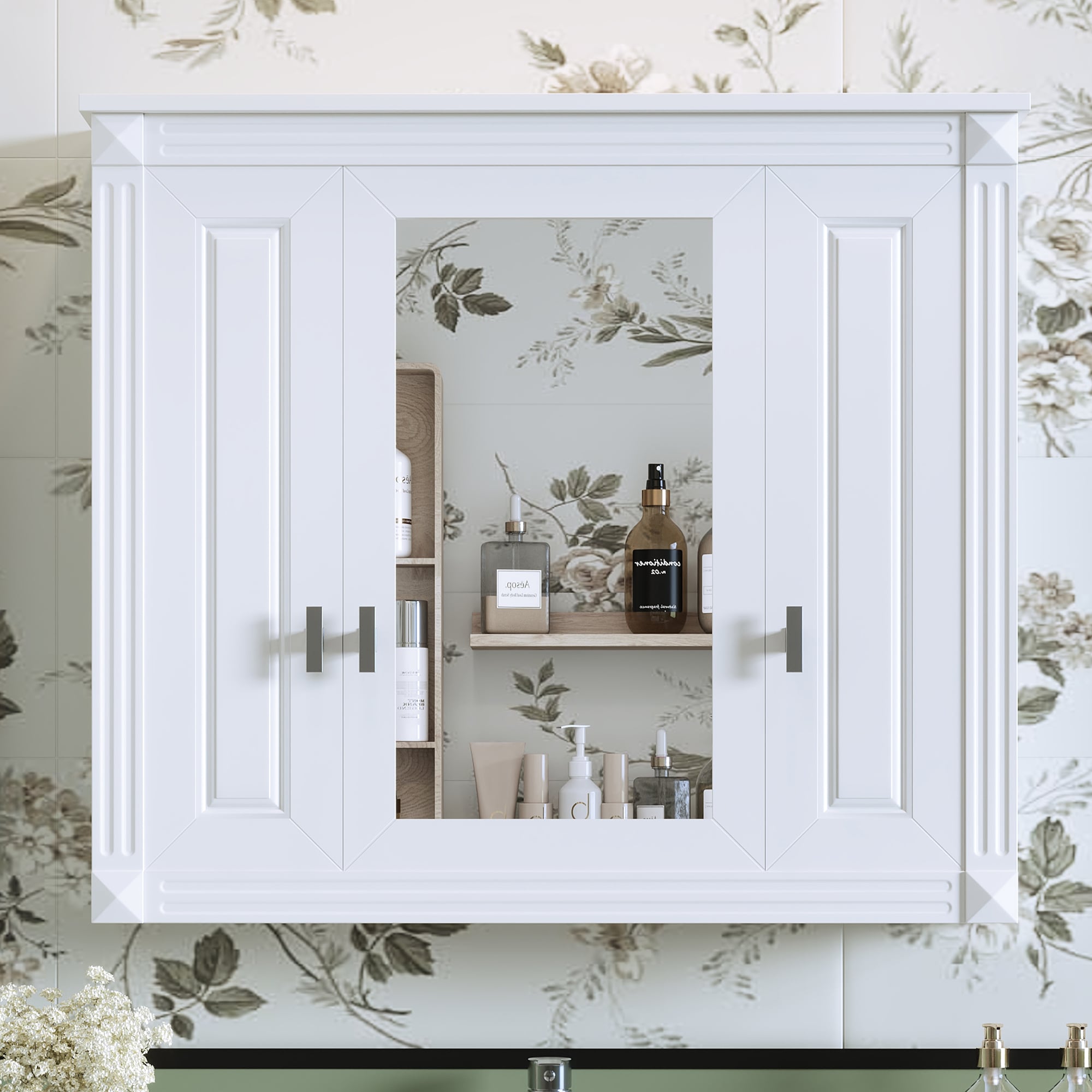 Forclover CM-N710P252503K 35-in x 28-in Surface Mount White Mirrored Rectangle Medicine Cabinet