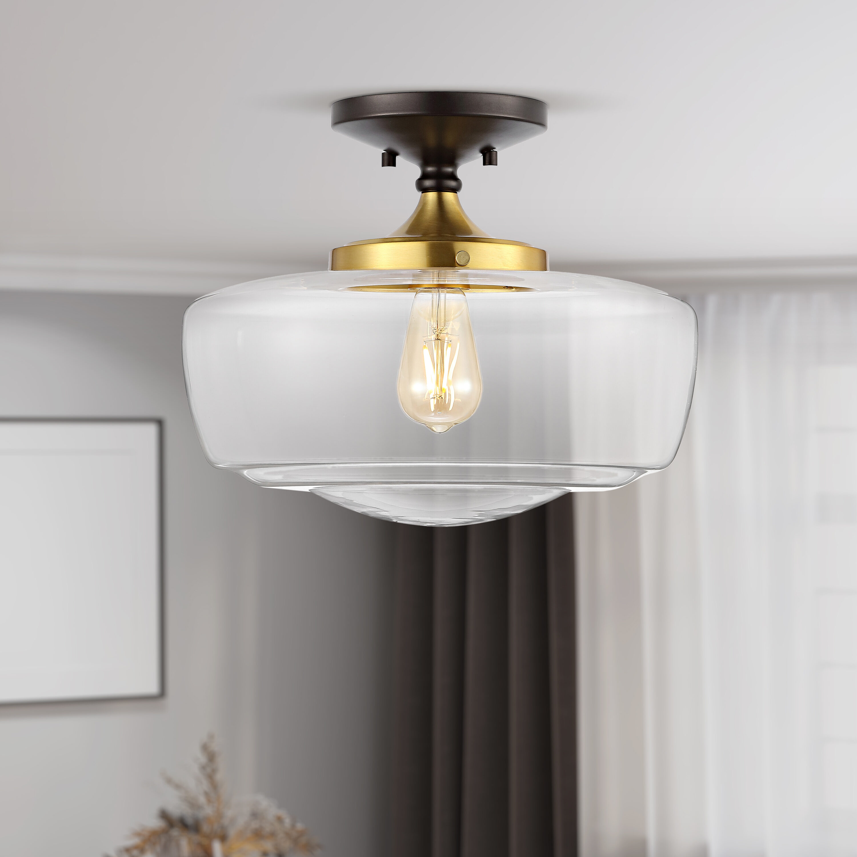 Marfa 14" Clear Glass and Brass Gold Farmhouse LED Flush Mount