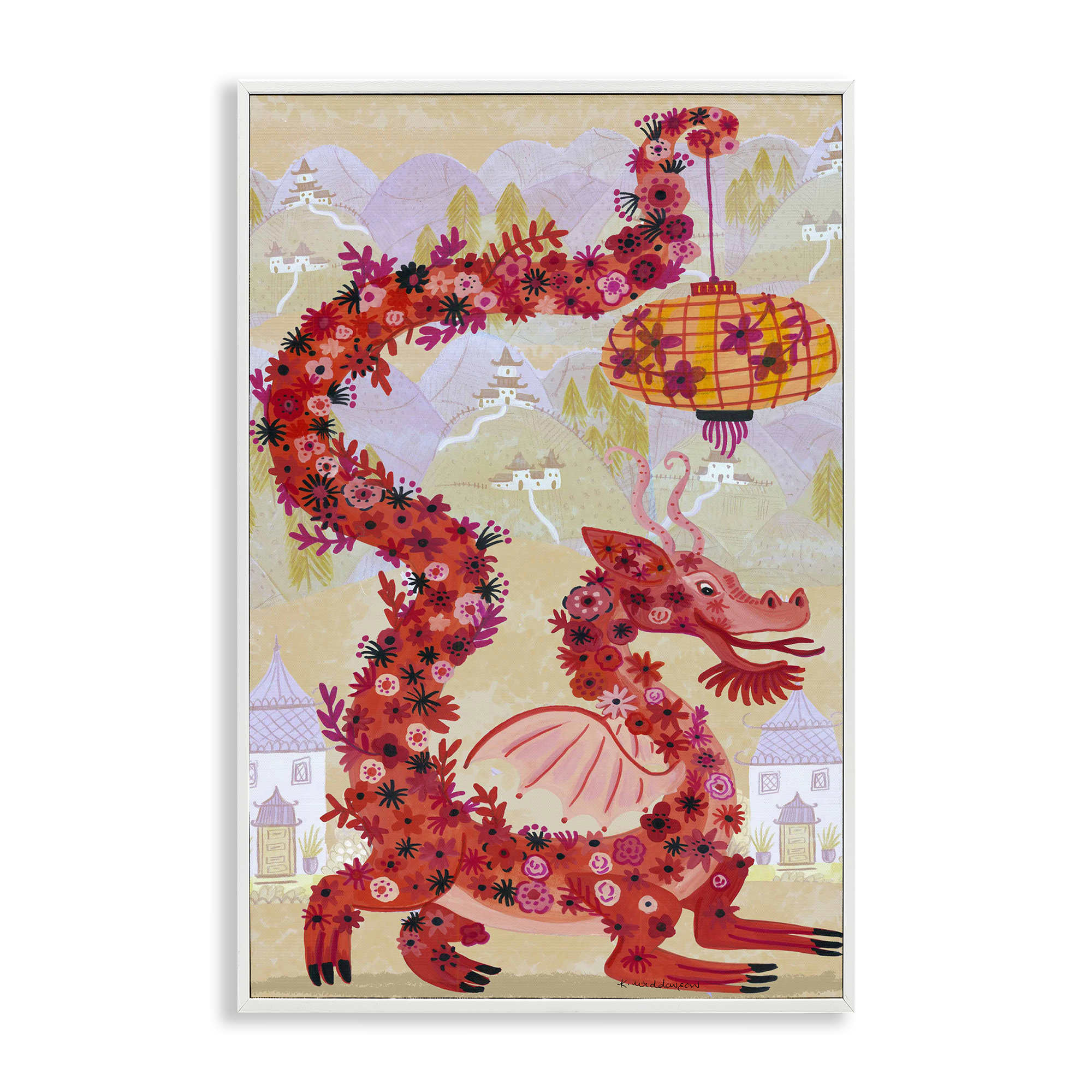 Stupell Industries BS-606-WFR-12X18 Dragon and Lantern Mythology White Framed Giclee Art By Kay Widdowson 12 x 18