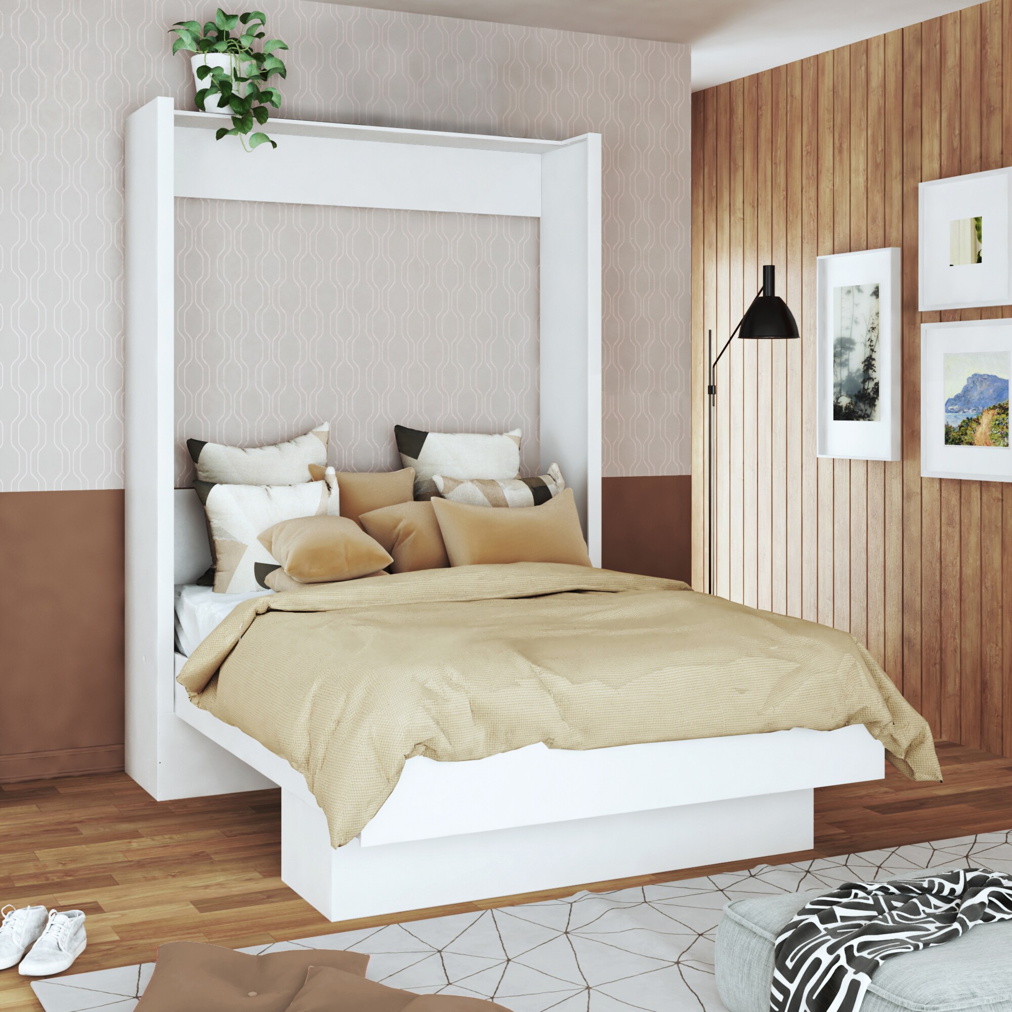 Oakland Living LILA-BED-QN-WT High Quality Brazilian Wall Bed White Queen Wood veneer Murphy Bed with Storage