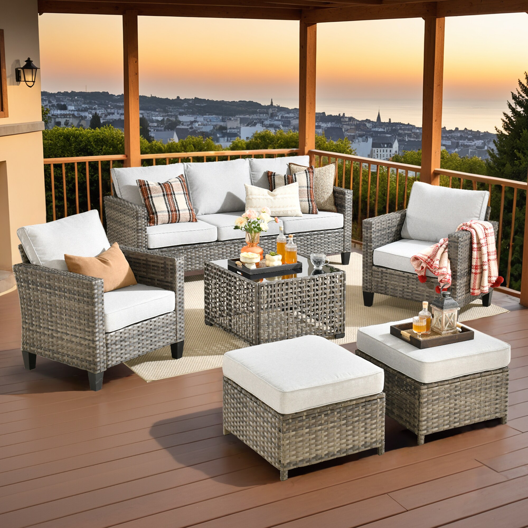 weaxty HMBNGRS701S61 Trueno 6 -Piece Wicker Patio Sofa Conversation Set with Gray Cushions