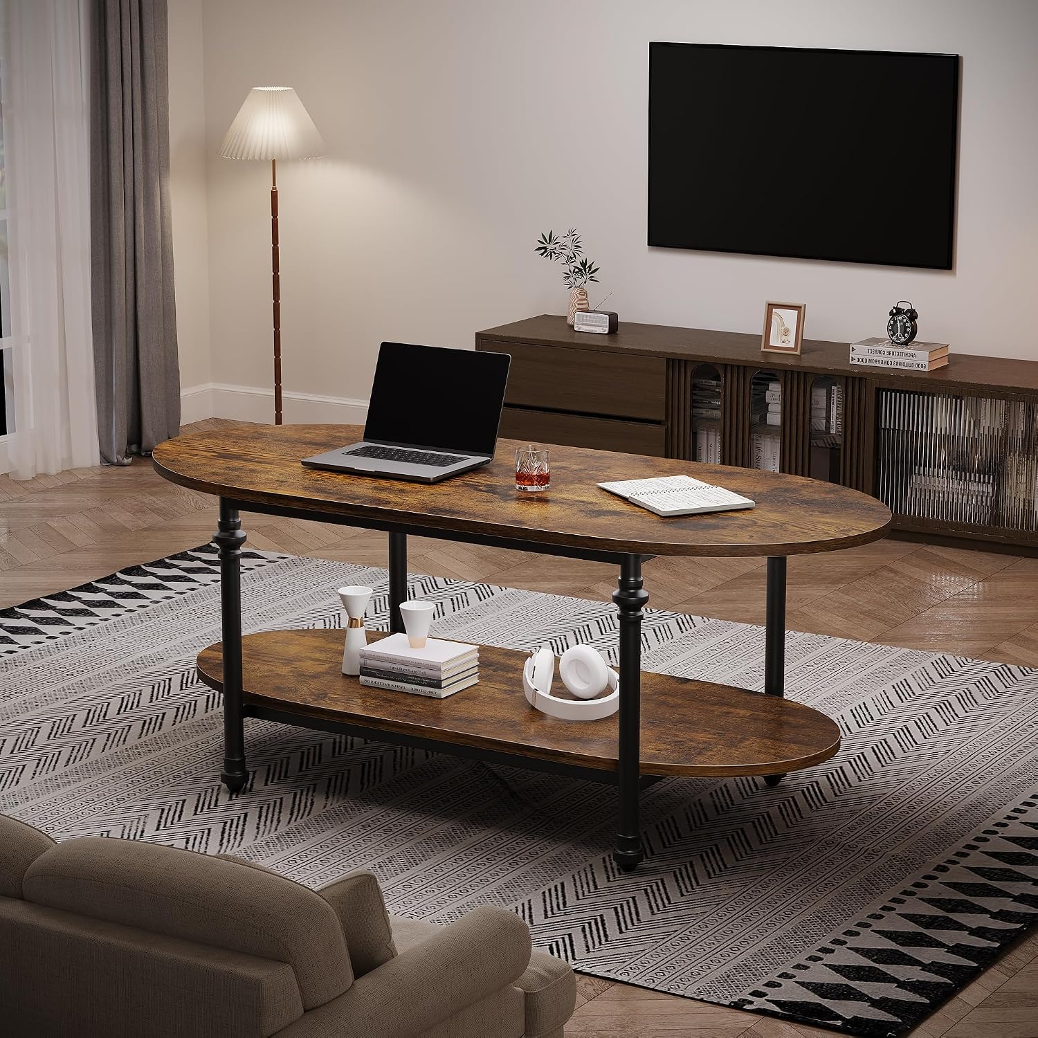 GAOMON Oval 47-in W Coffee Table with 2-Tier Storage Shelf Mid Century ...