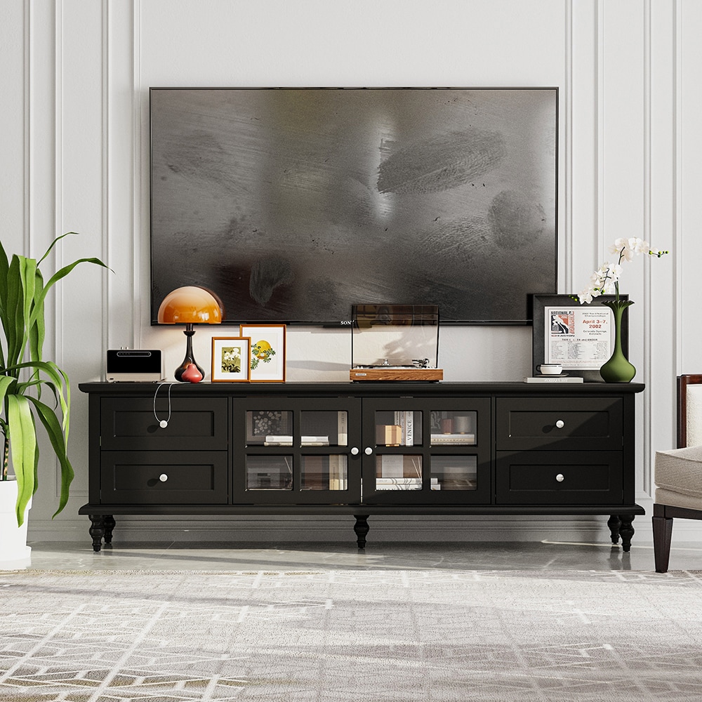 Homsee V-KF330072-02 Black Modern TV Cabinet with Tempered Glass Doors 4 Drawers and Solid Wood Legs for Stylish Living Room Storage