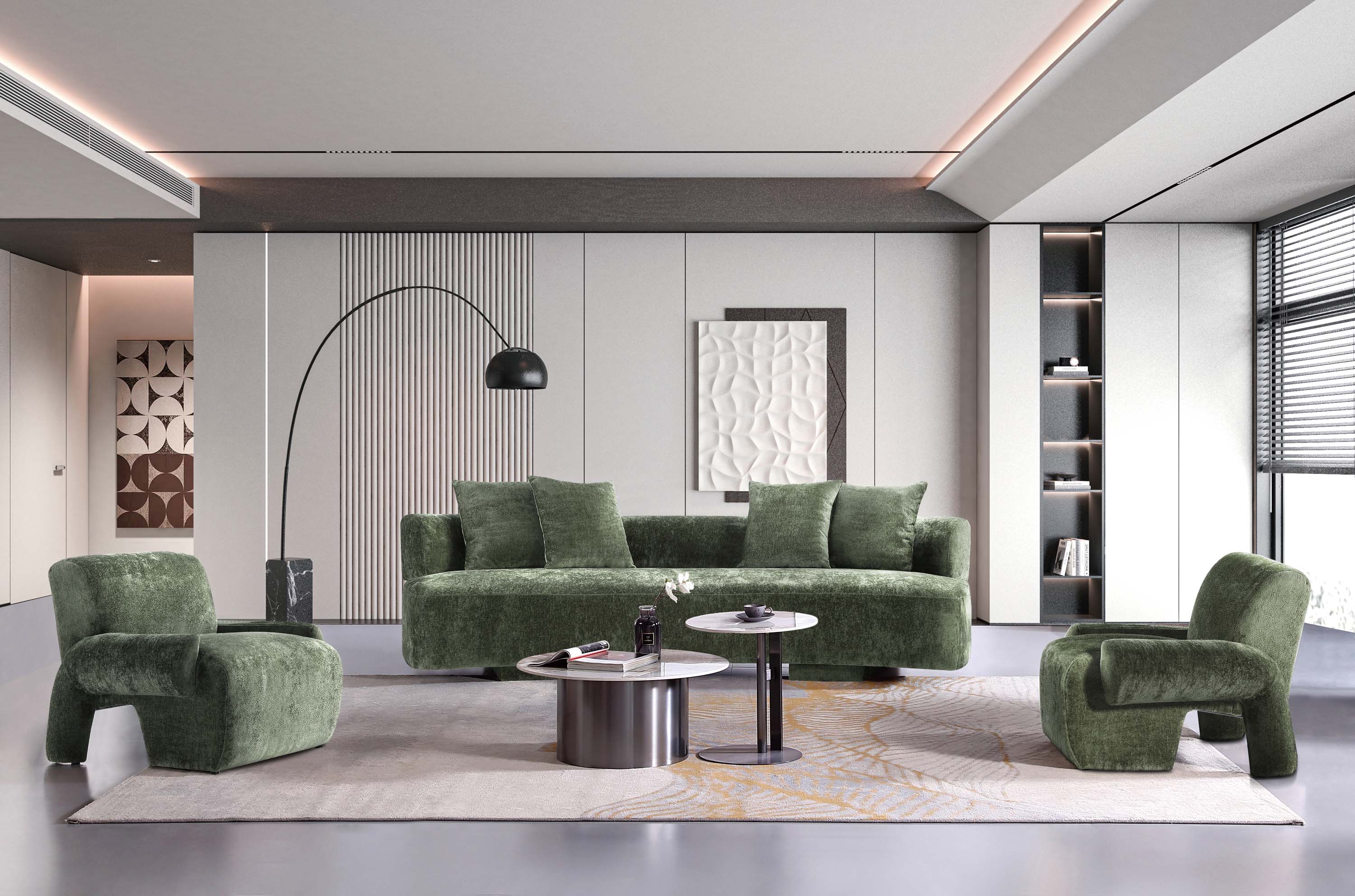 Manhattan Comfort 3-SFAC1669-OG Midcentury 3 -Piece Chenille Olive Green Living Room Set