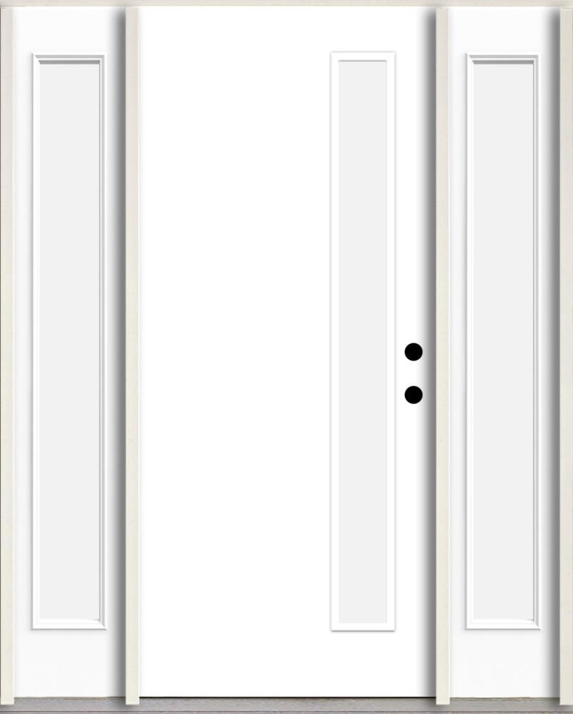 RELIABILT LO1062389 Spotlights 56-in x 80-in x 4-5/8-in Fiberglass 1/4 lite Left-hand inswing Primed Unfinished Prehung Front Door with Sidelights Insulating core
