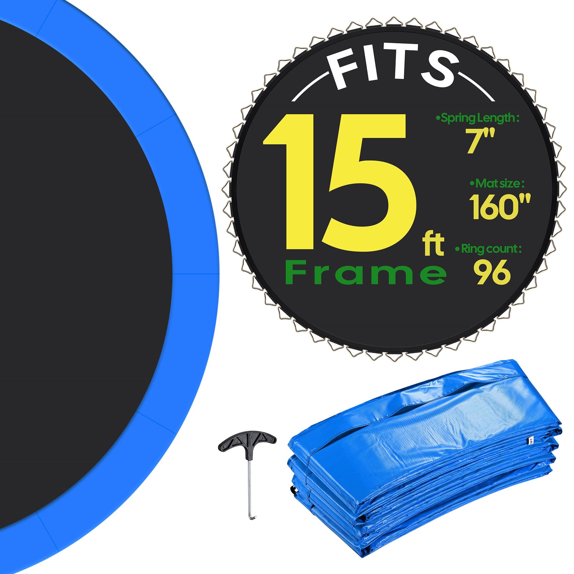 Yescom 09TMTTSP002-96-03-LO Trampoline Mat and Pad Replacement Kit with 96V Ring for 15ft Round Trampoline Frame Blue