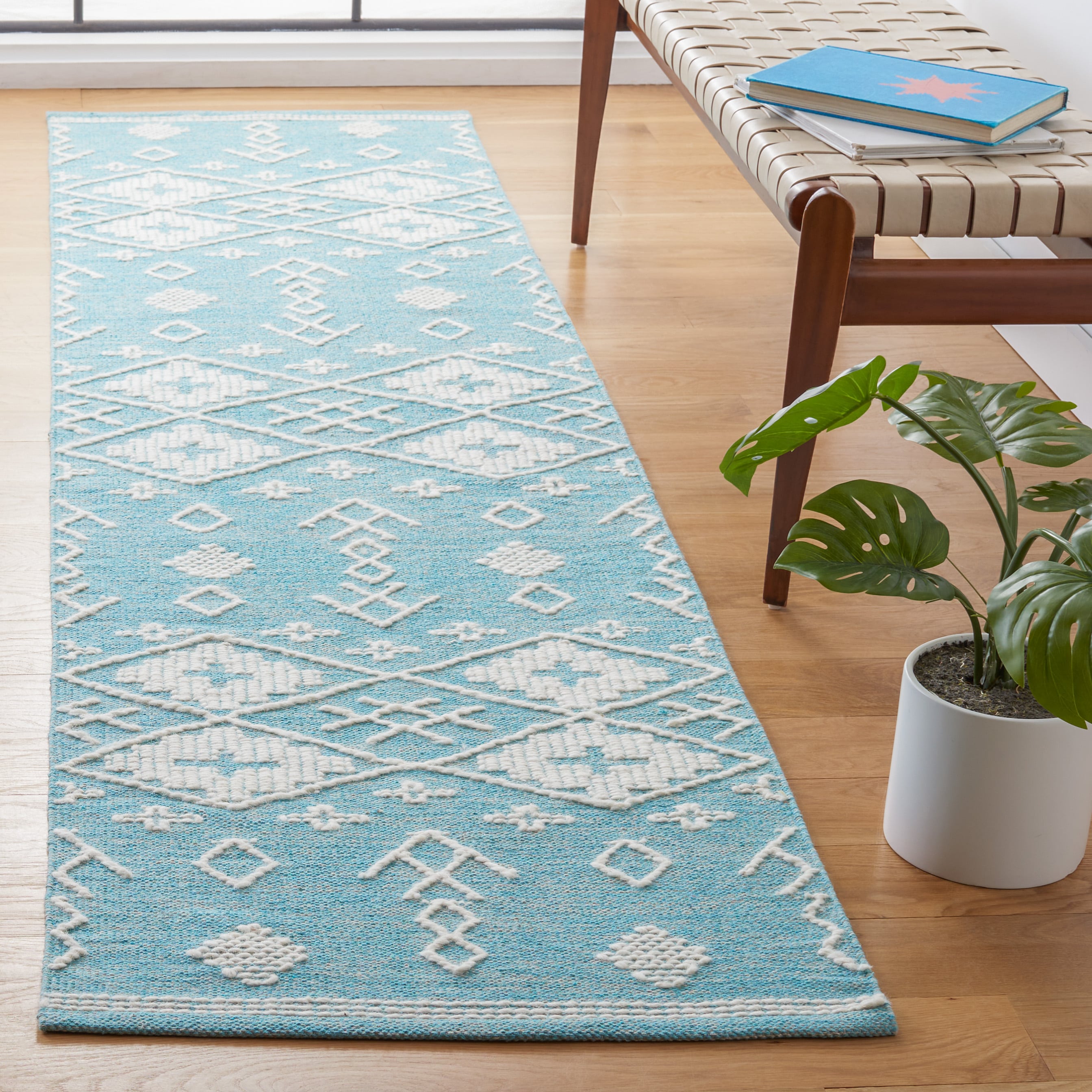 Safavieh KLM851K-29 Kilim Fabjola 2 x 9 (ft) Cotton Teal/Ivory Rectangular Indoor Tribal Global Runner rug