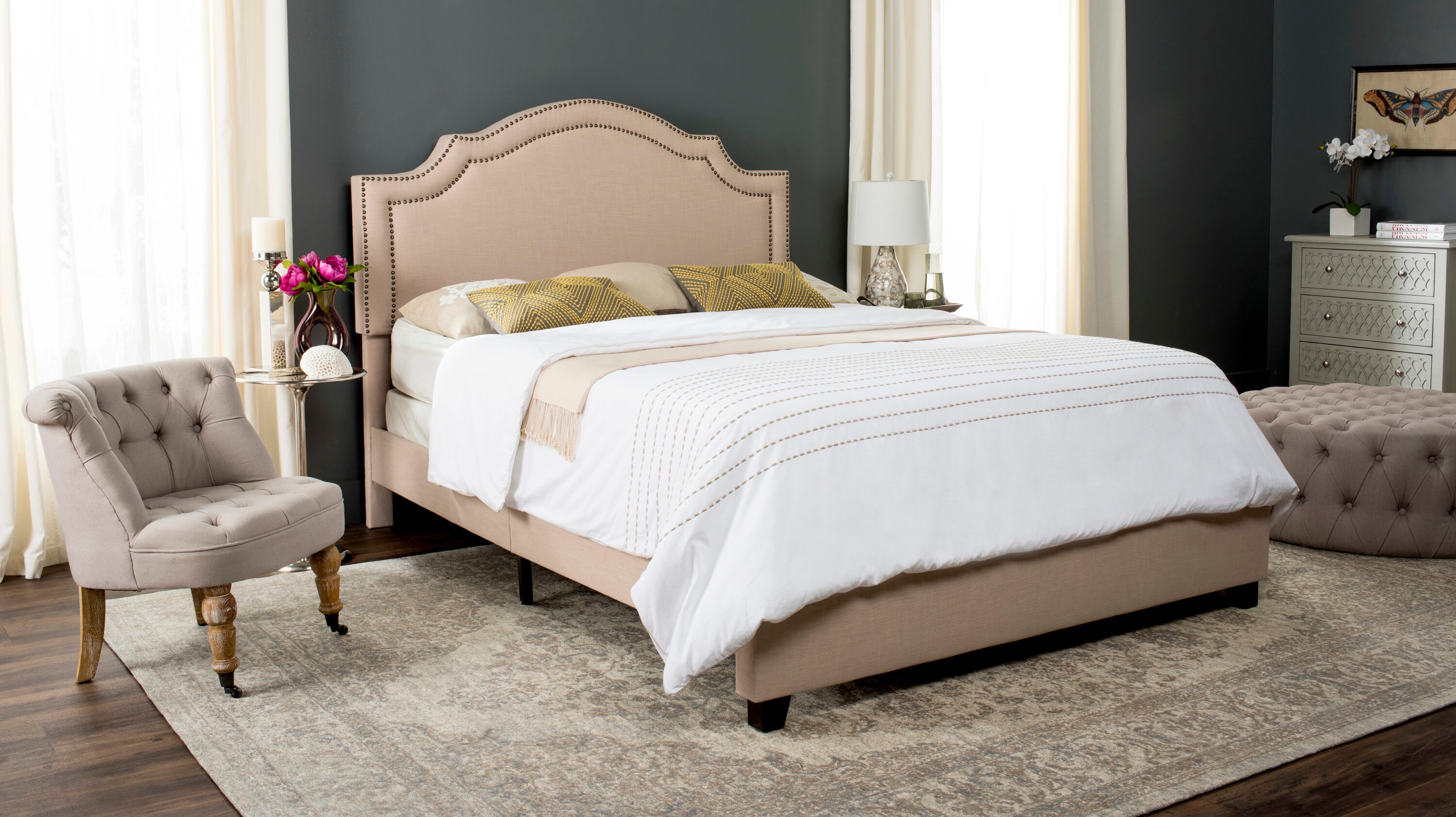 Safavieh Theron Light Beige/Brass Nailheads Queen Upholstered Bed at ...