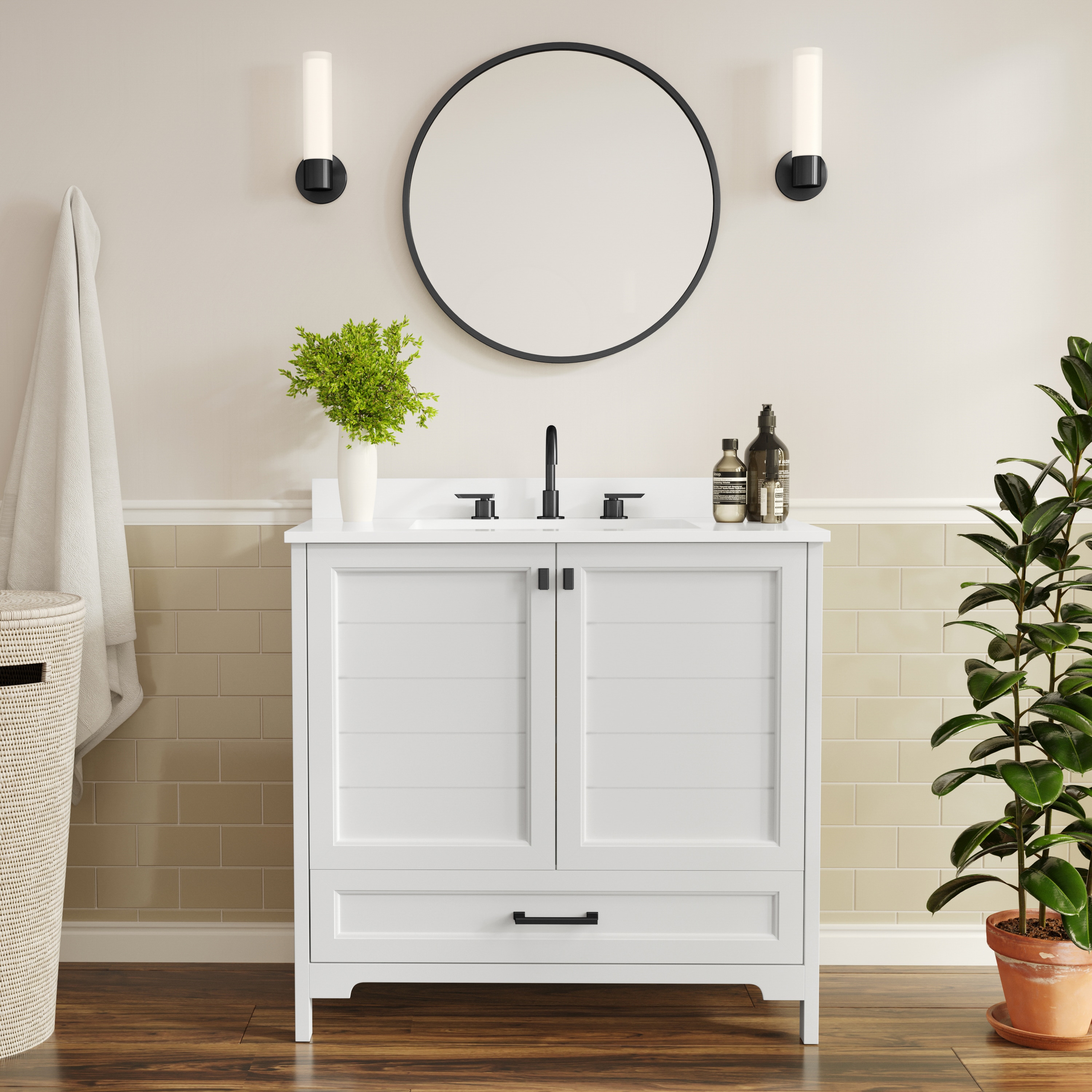 Flash Furniture 196861192975 Haven 36-in Bathroom Vanity with Sink; Storage Cabinet with Black Hardware; Soft Close Doors and Bottom Drawer; Carrara Marble Finish Countertop; White