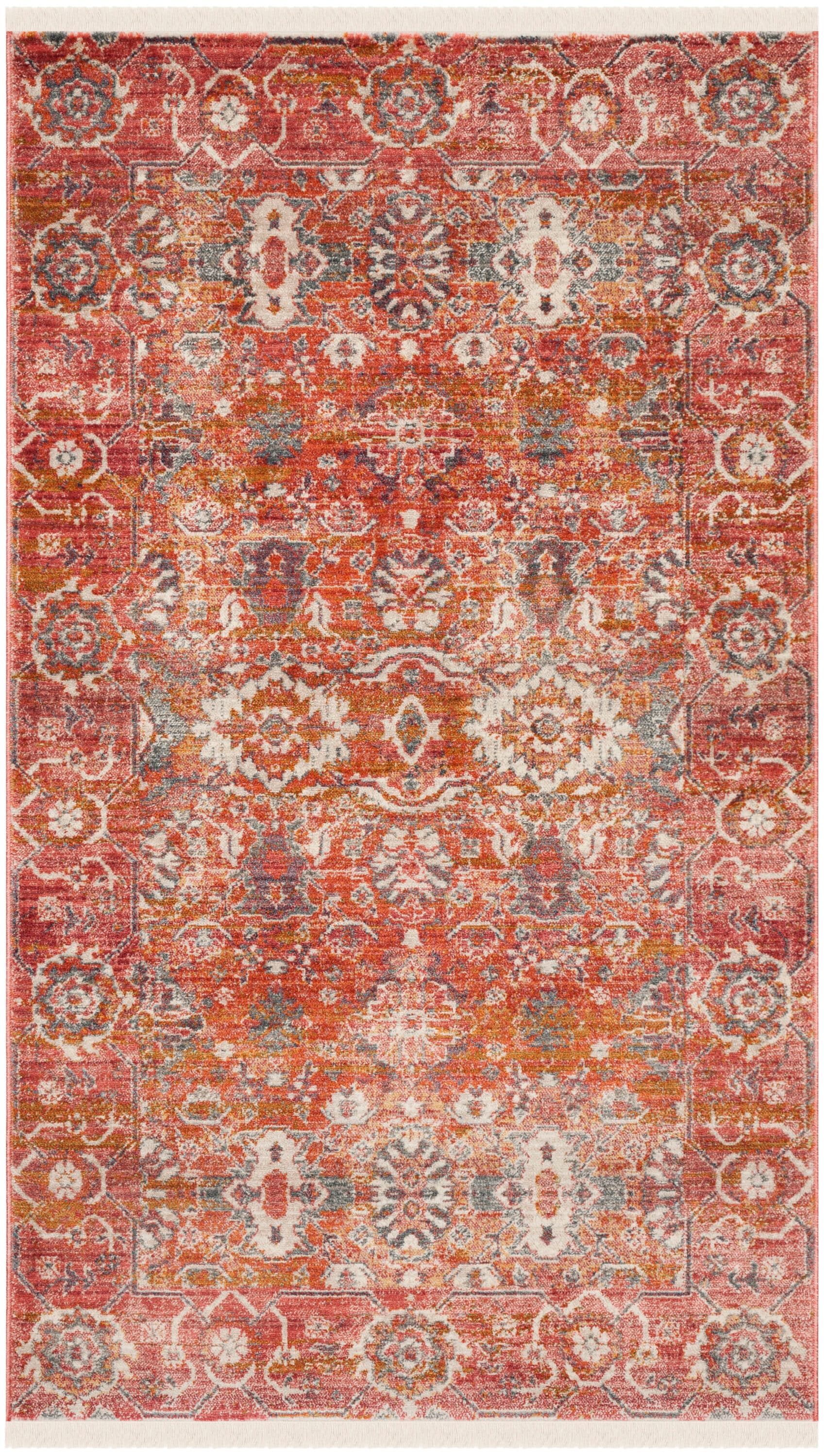 Vintage Red and Orange Synthetic 4' x 6' Area Rug
