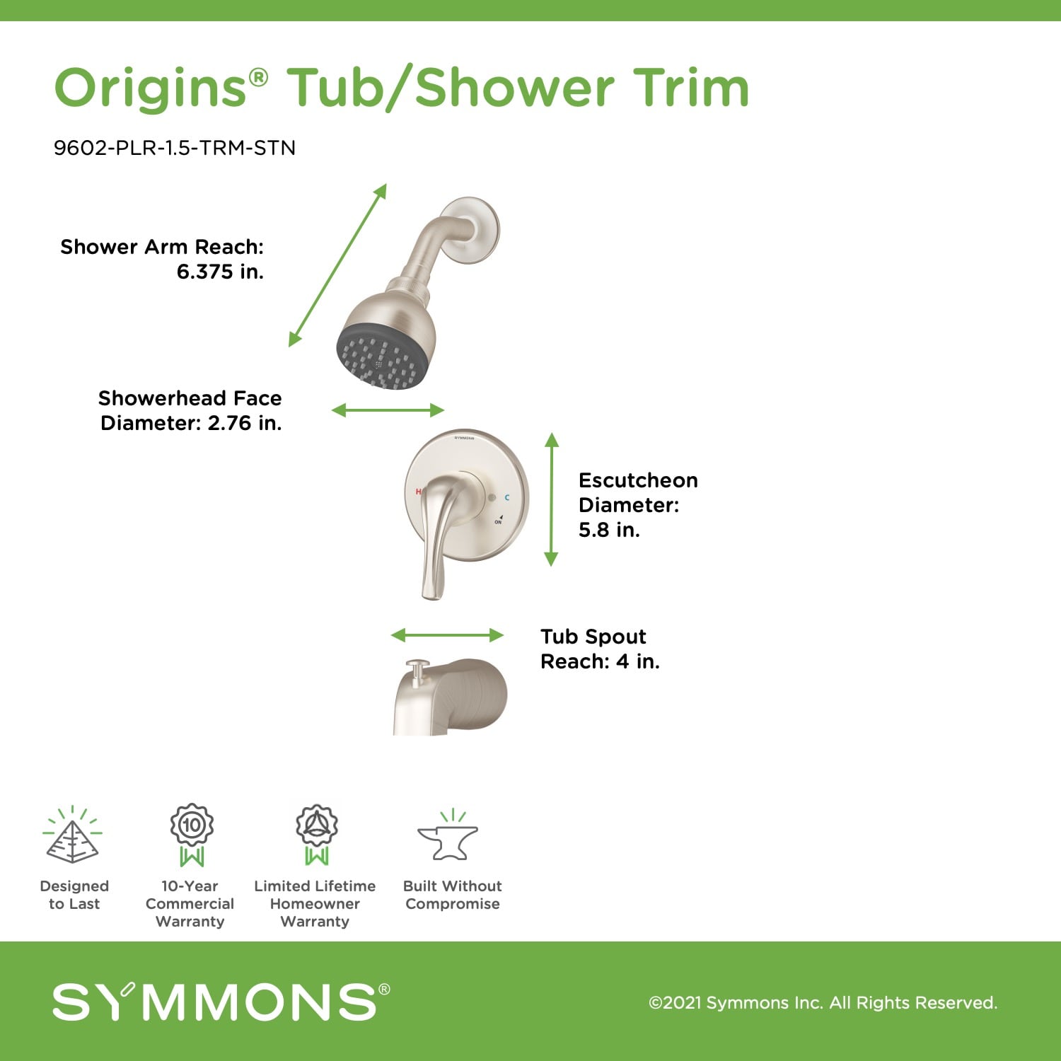 Symmons 9602-PLR-1.5-TRM-STN Showerhead-Bar-Panels - View #2