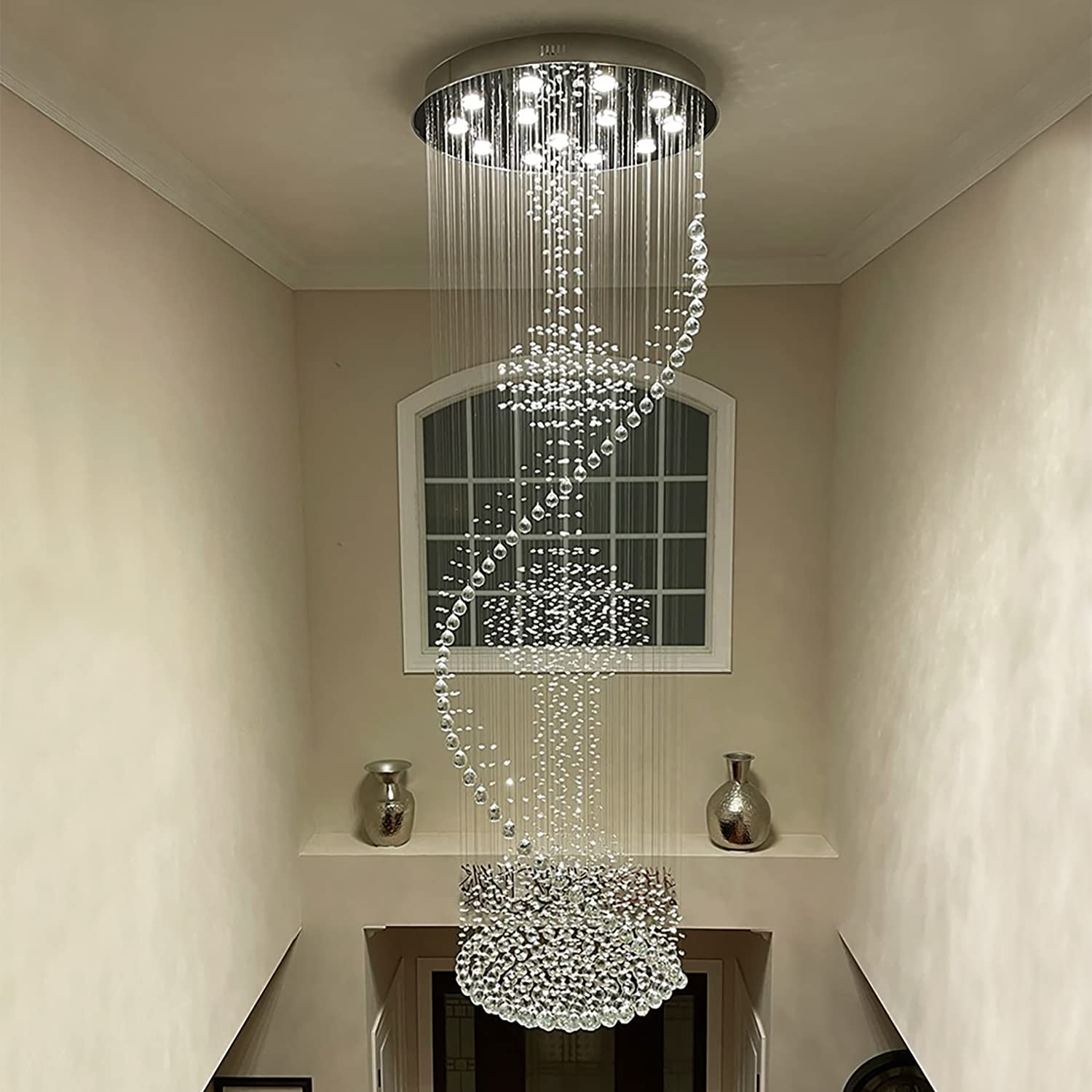 SILJOY LH-0120824 31L X 31W X 94H Silver Chandeliers Modern Flush Mount Pendant Light Fixture(13-Lights High Ceiling Crystal Staircase Chandelier)
