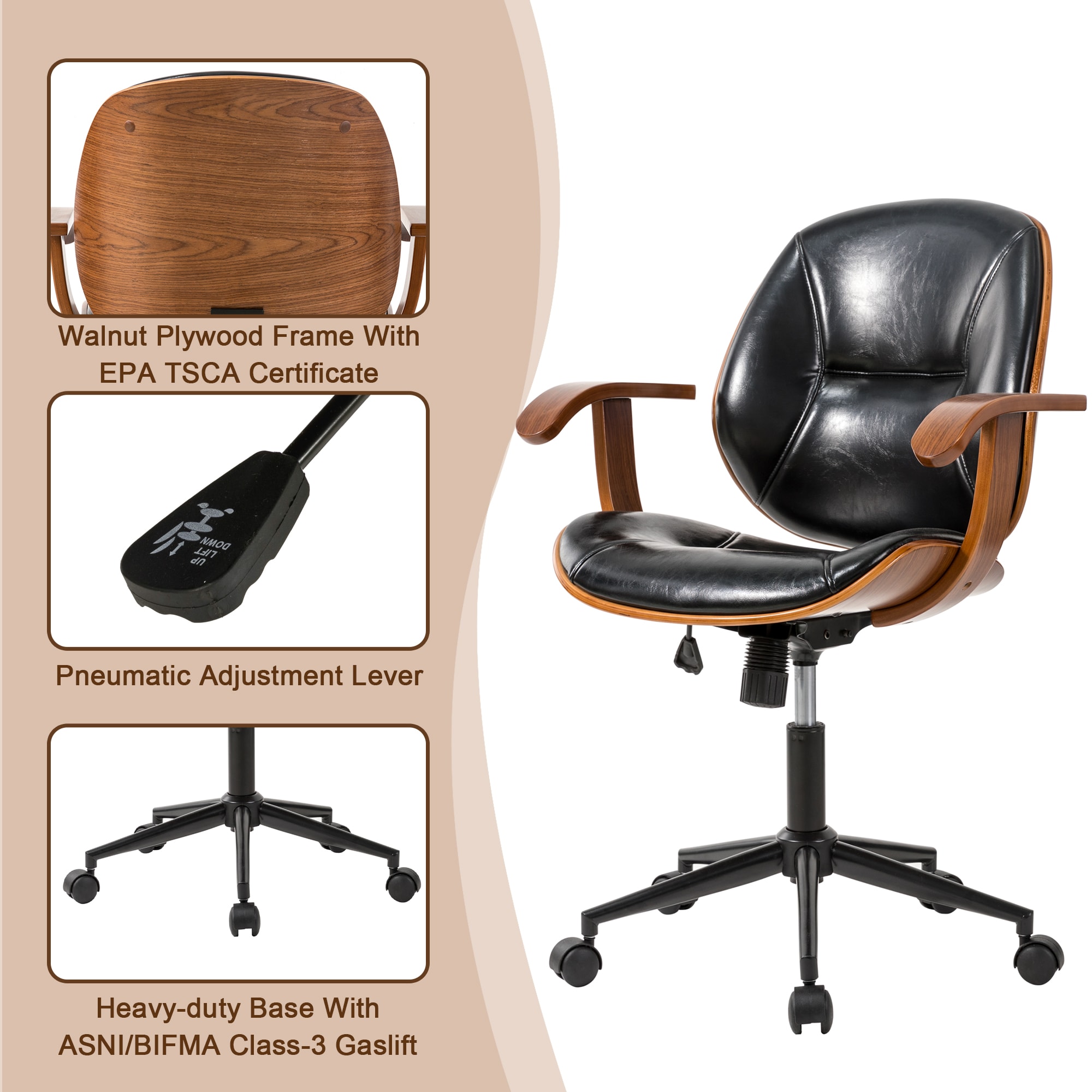 Glitzhome Brown Traditional Ergonomic Adjustable Height Swivel