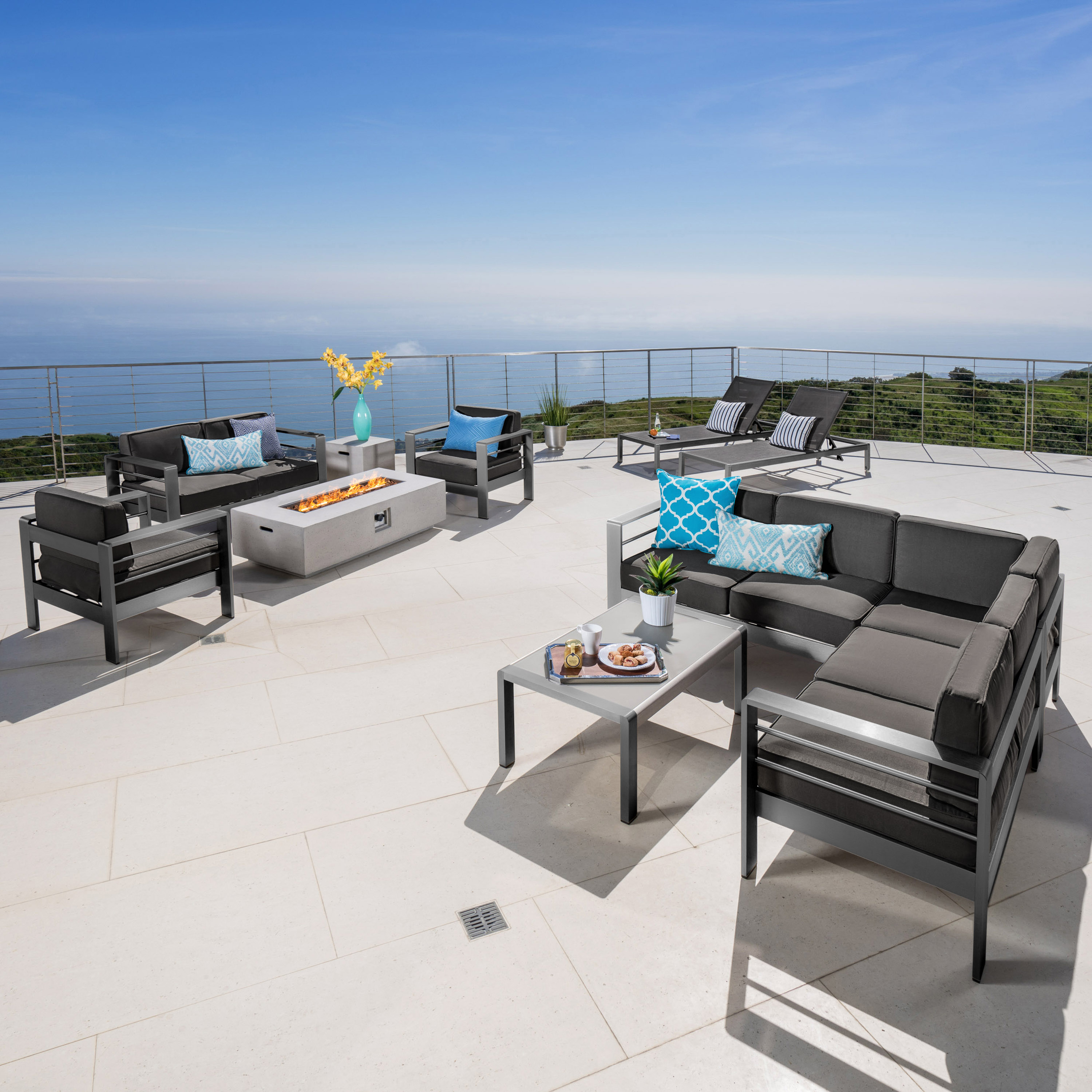 Christopher Knight Home 301801 Cape Coral Aluminum 11 piece Estate Patio Collection with Fire Table-Grey + Dark Grey + White