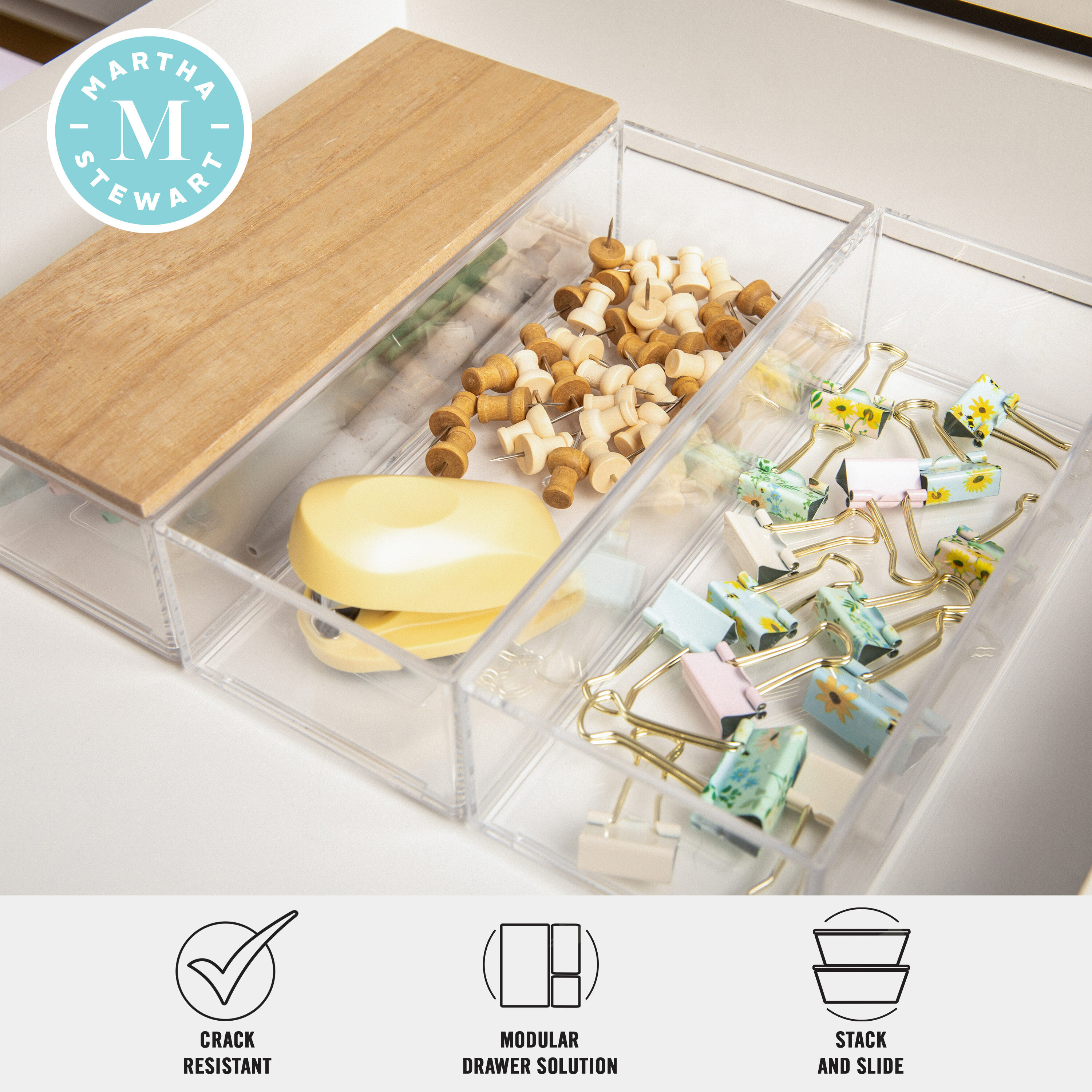 Clear Stackable Plastic Organizer Bins with Light Wood Lid, 3 Pack