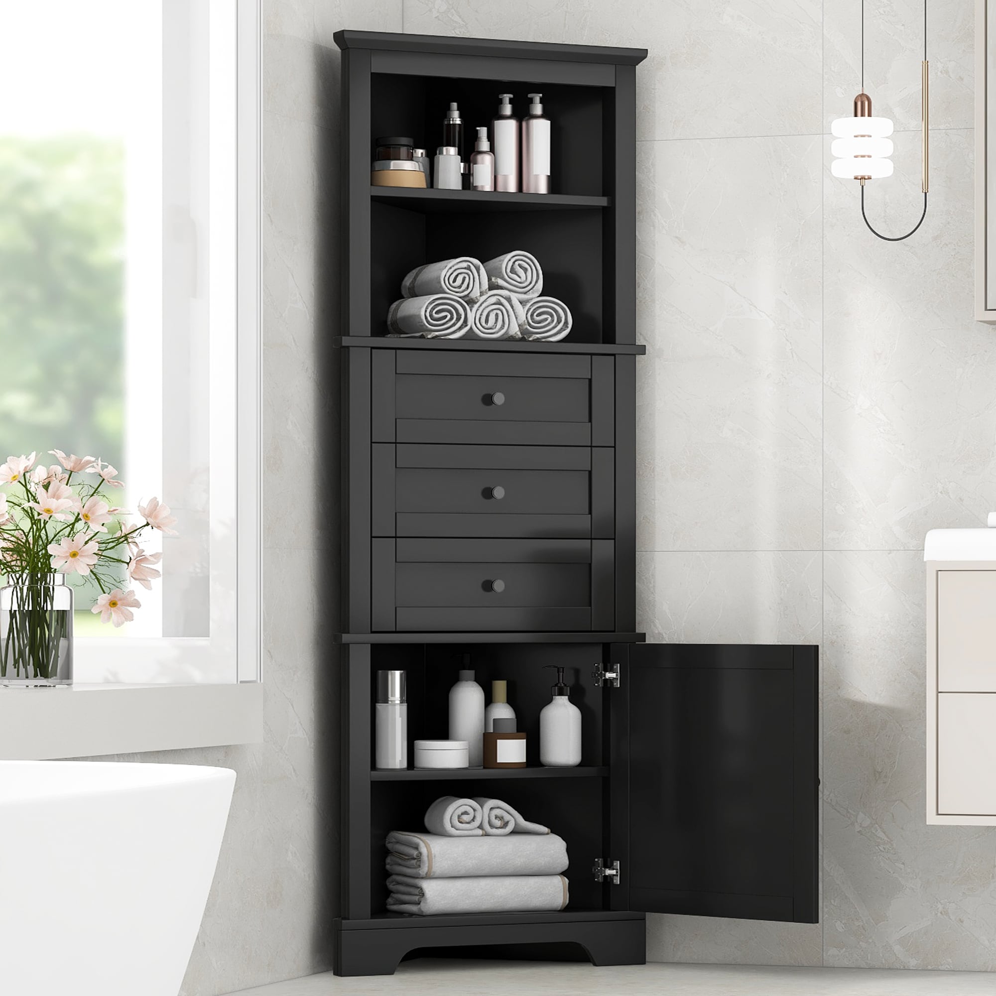 KWPZQEB 23-in x 68.9-in x 13.4-in Freestanding Corner Linen Cabinet Tall Bathroom Storage with Adjustable Shelves for Bathrooms and Kitchens-Black