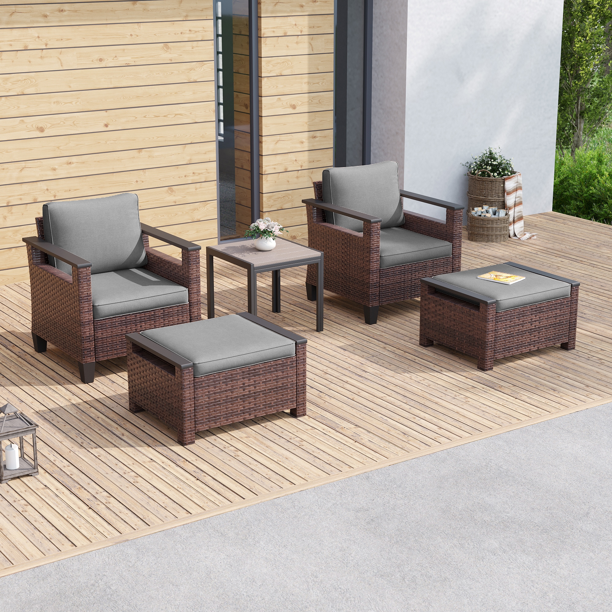Sonkuki SD-015GY-H 5 -Piece Rattan Patio Conversation Set with Gray Cushions