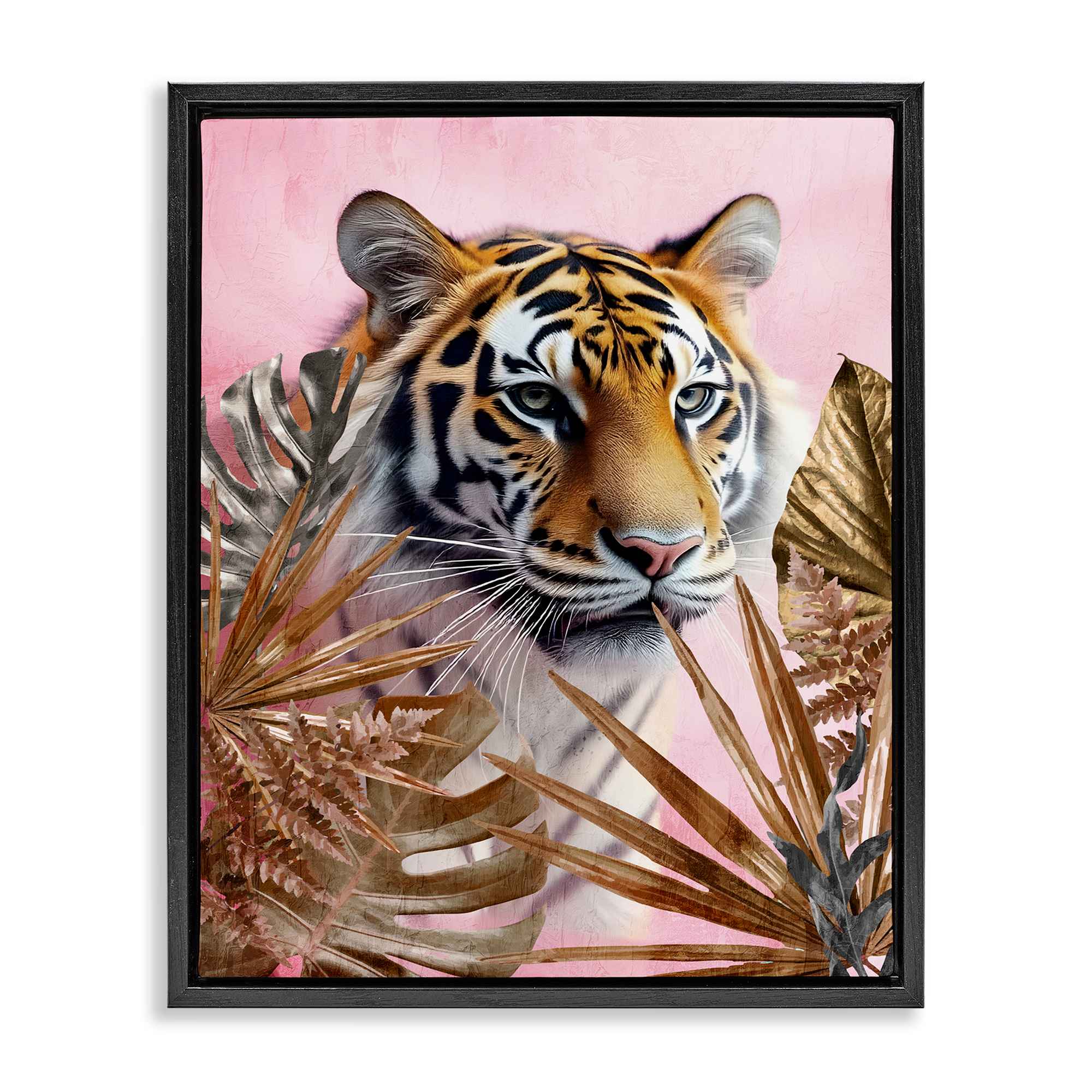 Stupell Industries BS-077-FFB-16X20 Exotic Tiger with Gold Leaves Floating Frame design by Kim Allen
