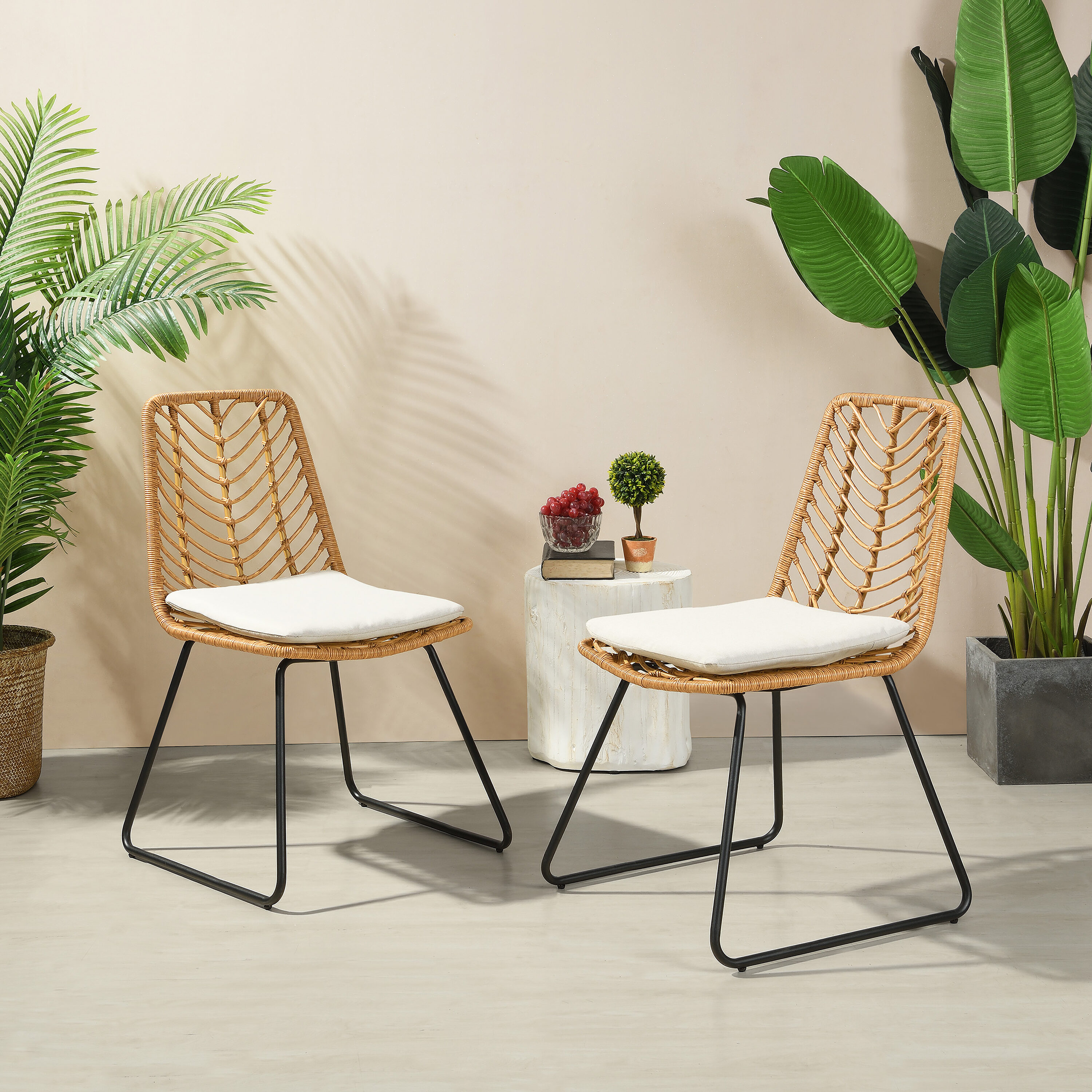Moda Furnishings MD71125-LBRN Outdoor Classic Set of 2 Wicker Light Brown Metal Frame Stationary Conversation Chair with Brown Solid Seat