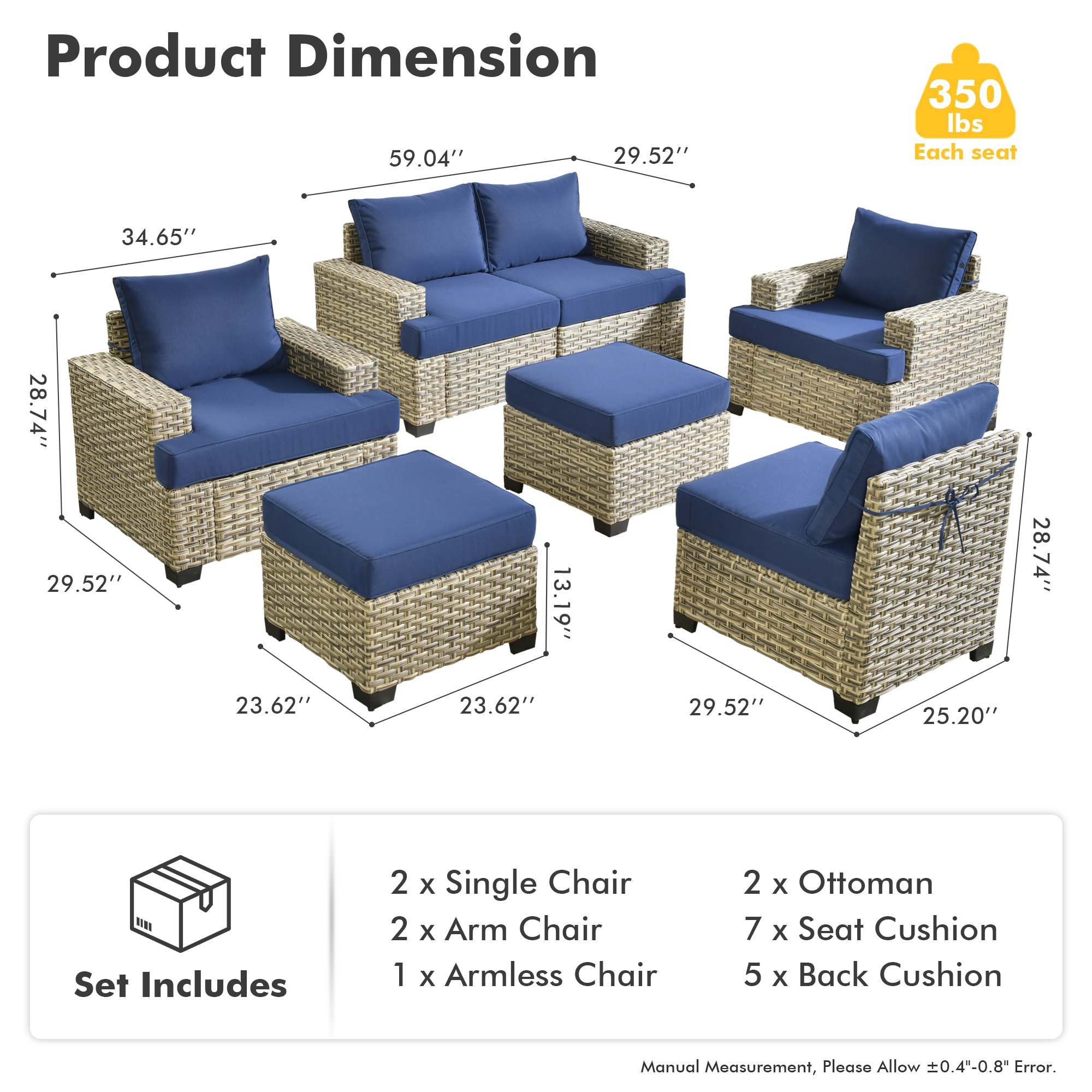 Pouuin 8-Piece Wicker Patio Sofa Conversation Set with Blue Cushions ...