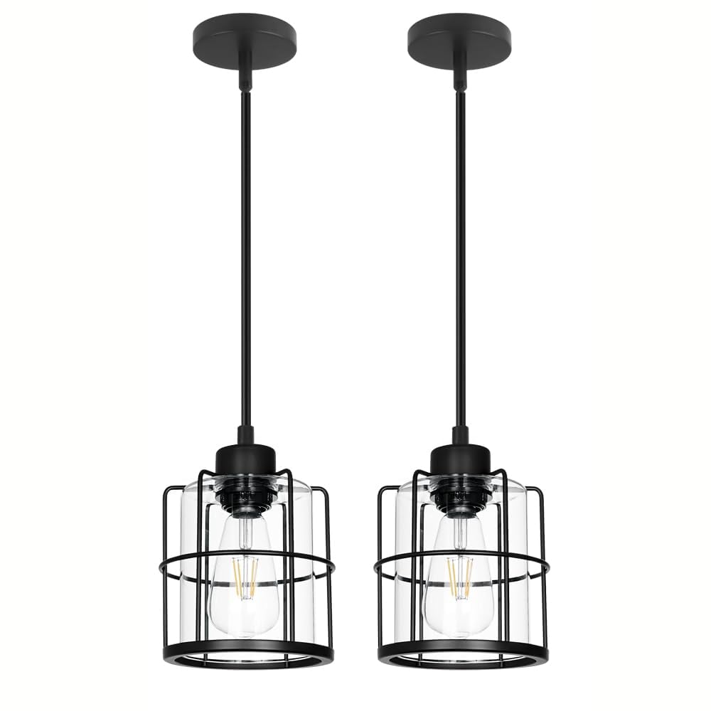 SenQWFa  Farmhouse Pendant Lights Kitchen Island Set Of 2 Black Adjustable Rods Industrial Cage Clear Glass Lighting For Dining Room Hallway Sink