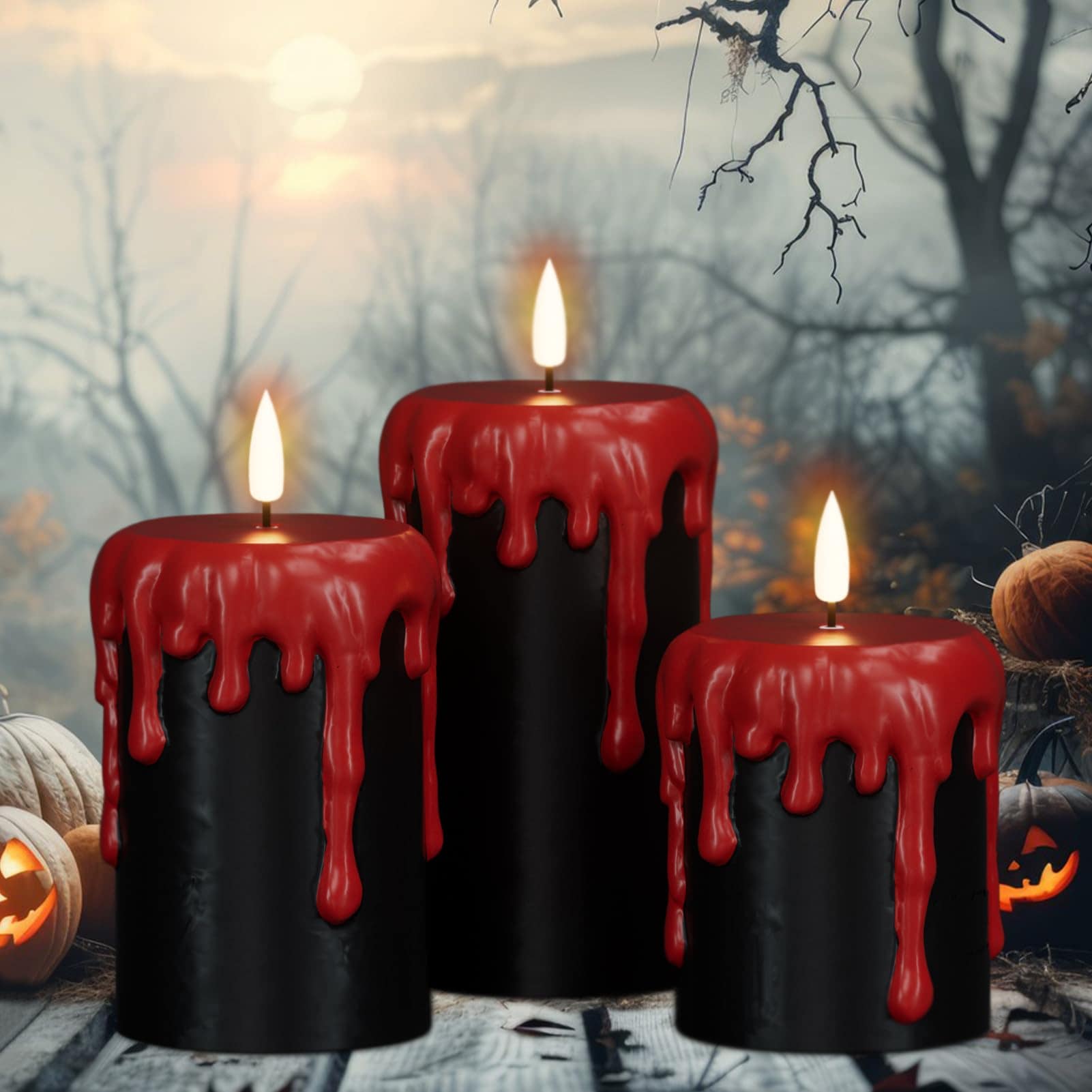 Justincity  Halloween Flameless Candles Set of 3 Black LED Pillar Candles with Dripping Effect and 6 Hour Timer Indoor Decoration 3 4 5 and 6