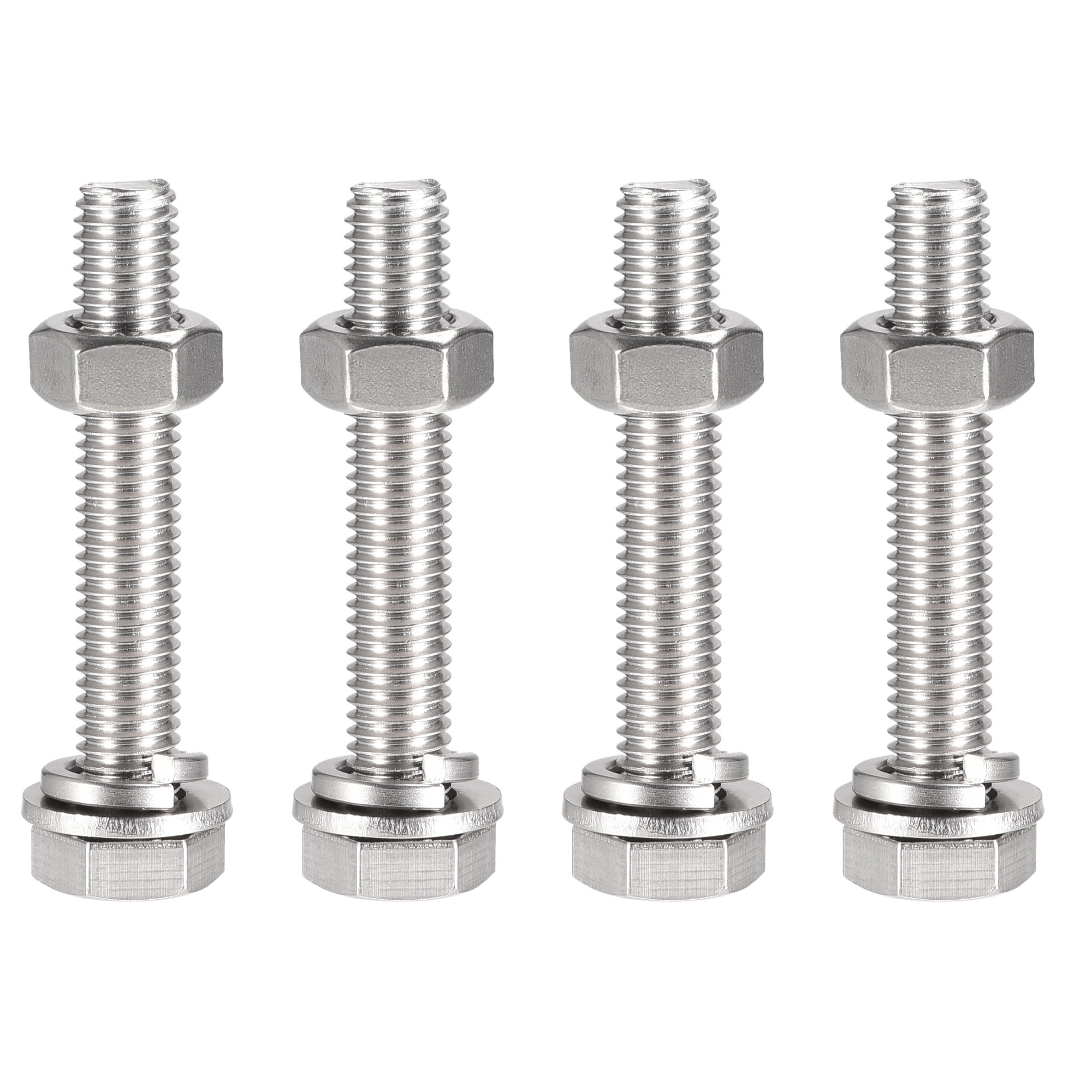 Unique Bargains M10 x 60mm Hex Head Screws Bolts Nuts Flat and Lock Washers Kits 304 Stainless Steel Fully Thread Hexagon Bolts 4 Sets