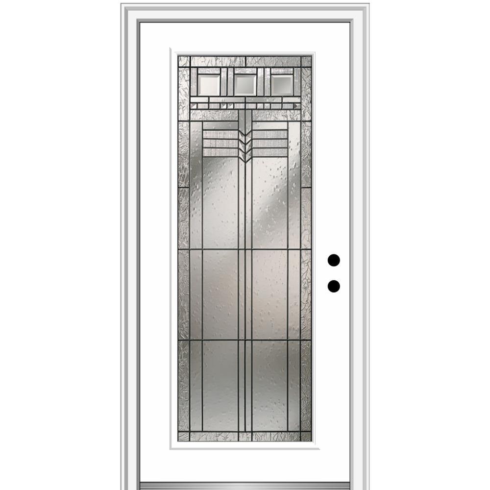 MMI DOOR ZZ3664476L 32-in x 80-in x 6-9/16-in Fiberglass Full lite Left-hand inswing Brilliant White Painted Prehung Front Door with Brickmould Insulating core