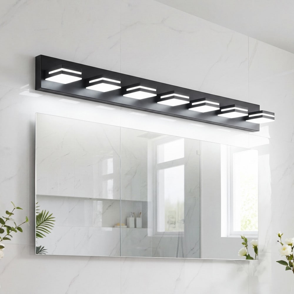 Basdien 55 in Black Modern 7 Light LED Vanity Light for Bathroom Mirror Wall Sconce Sleek Minimalist Design Energy Efficient Easy to Install High Brightness Soft Light Rustproof Iron Body Long Life LED Chip Uniform Light for Makeup Shaving