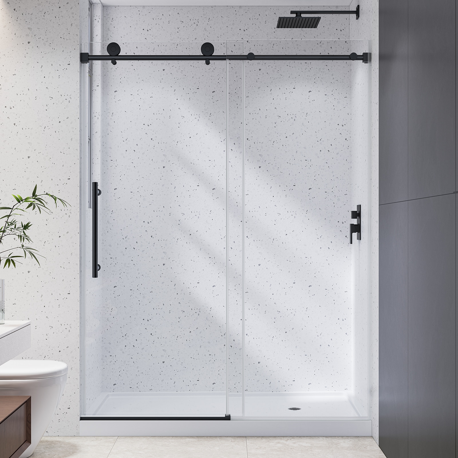 GDFStudio 55-60 Inch W x 78 Inch H Matte Black Frameless One Fixed Glass Door and One Sliding Shower Door with 6mm Tempered Glass and Nano Coating
