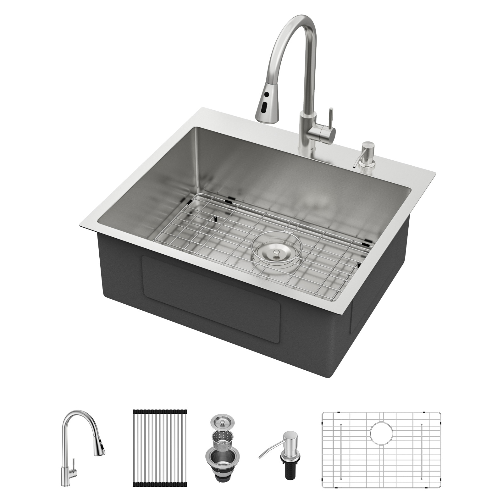 KICHAE Drop-in 25-in x 22-in Brushed Stainless steel Single bowl 16-Gauge Kitchen Sink With Accessories