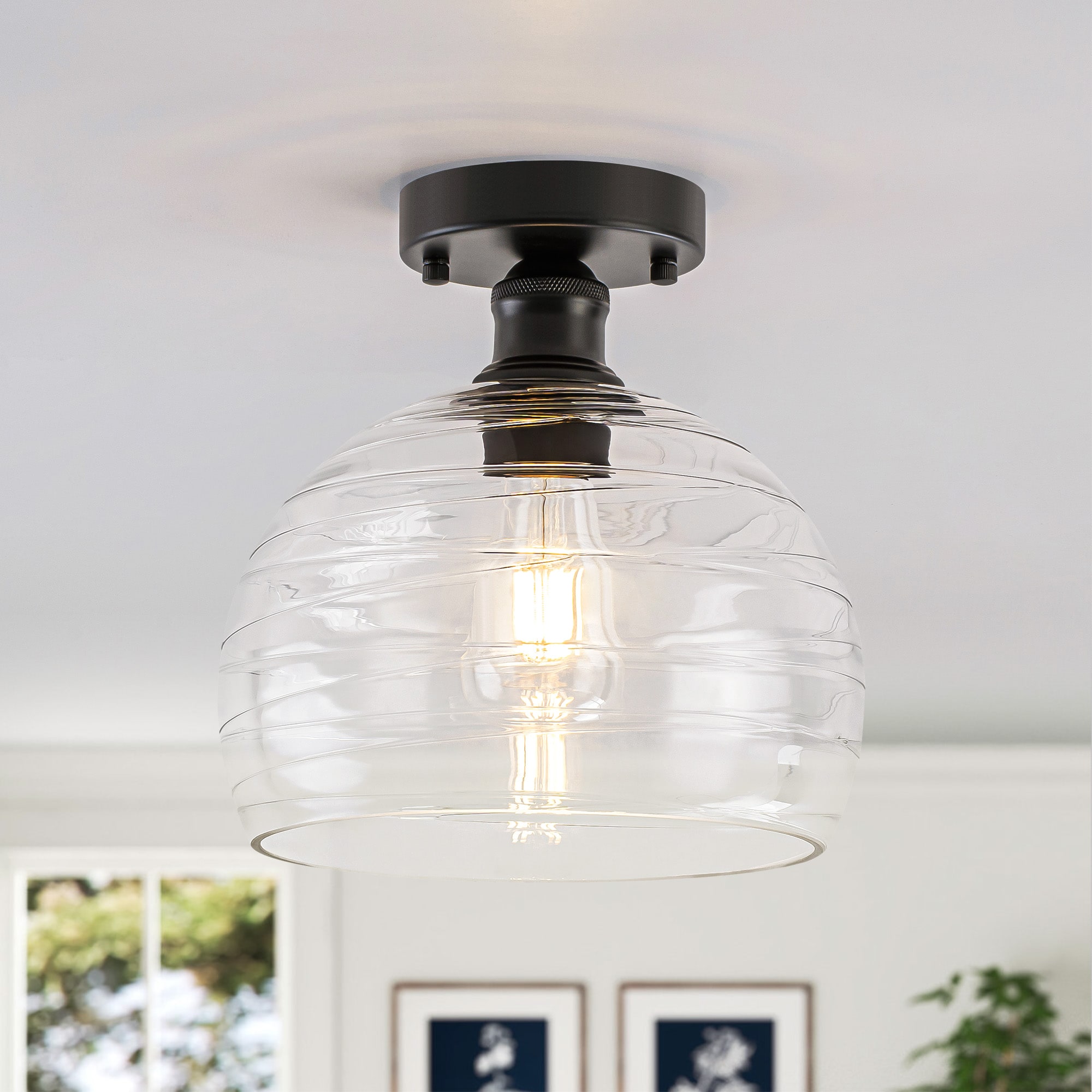 Y'INSP Edison Athens 9.8-in Matte Black Indoor 1 -Light Semi-flush Mount Light with Clear Glass