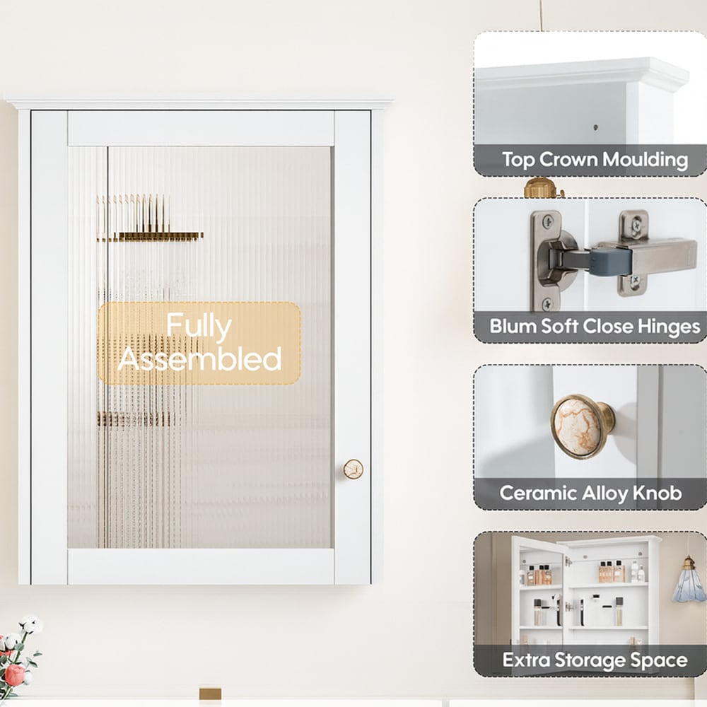 LIVIZA UCJ-WMC24YS1WT NAT2 Solid Wood Cabinet 24-in x 30-in Surface Mount White Mirrored Rectangle Soft Close Medicine Cabinet