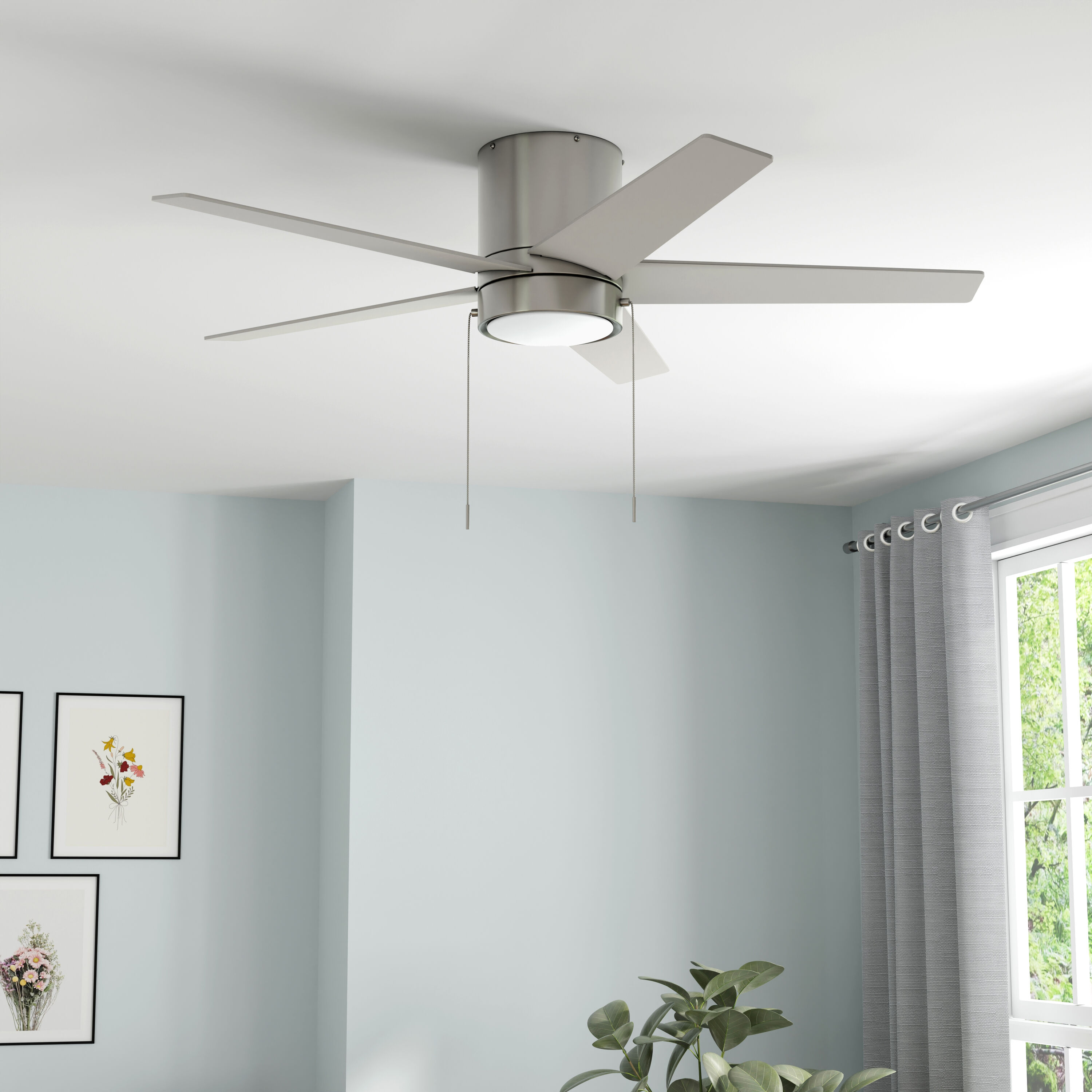 Harbor Breeze CFH52BNK5L Quonta 52-in Integrated LED Flush Mount Brushed Nickel with Matte Black/Brushed Nickel Blades Ceiling Fan With Light ( 5 -Blade )