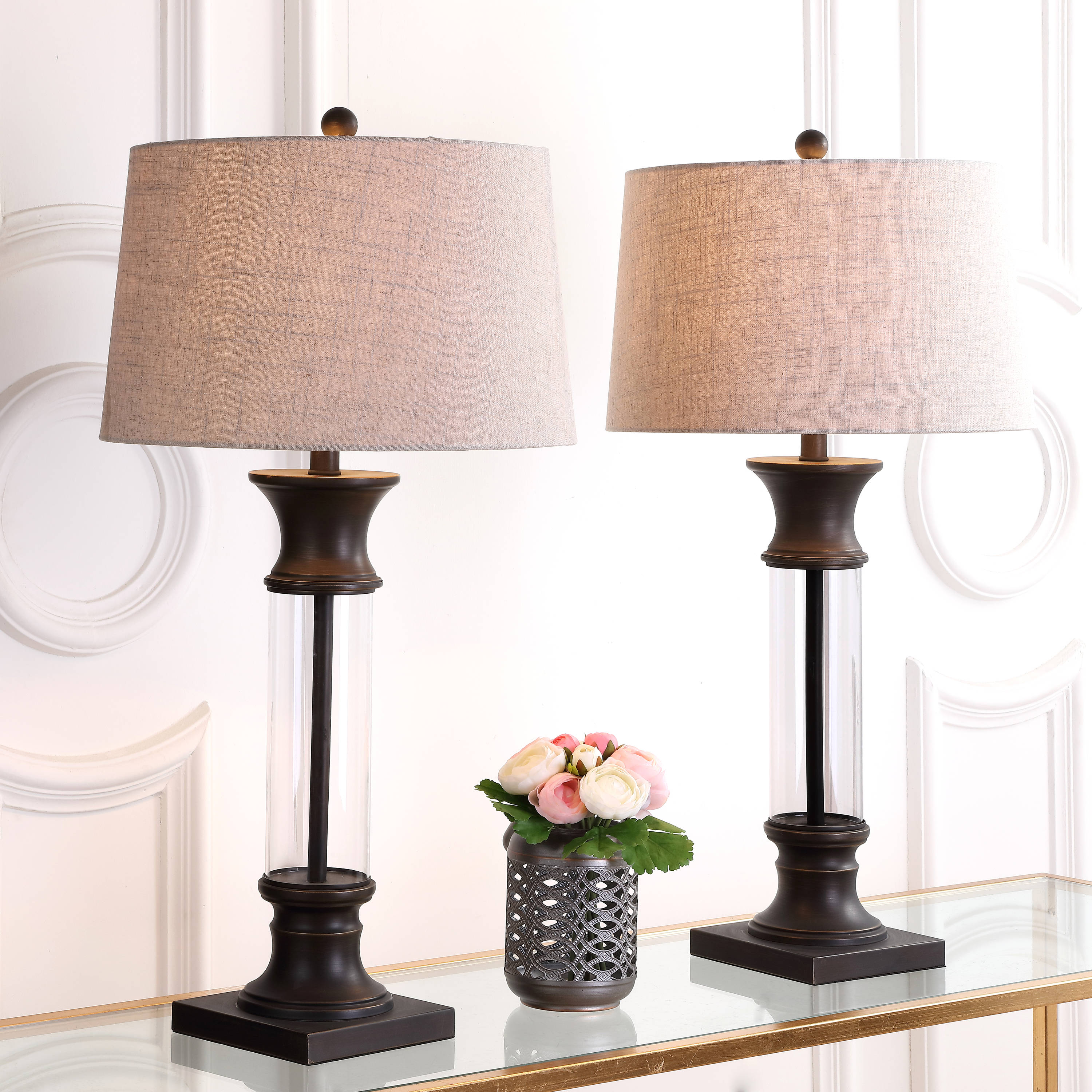 JONATHAN  Y JYL4000A-SET2 Hunter Metal/Glass Rustic 32-in Bronze/Clear LED Incandescent Rotary socket Table Lamp with Linen Shade 2 -Set