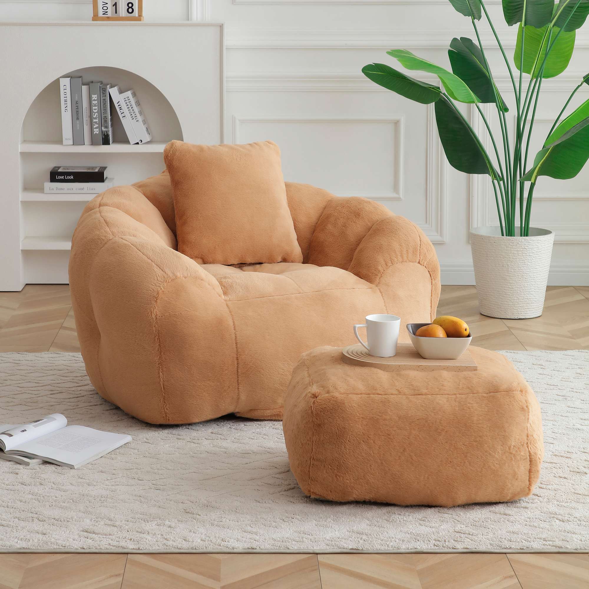 Etokfoks Oversized Bean Bag Chair Faux Fur Shell Shape Lounge with Arm ...