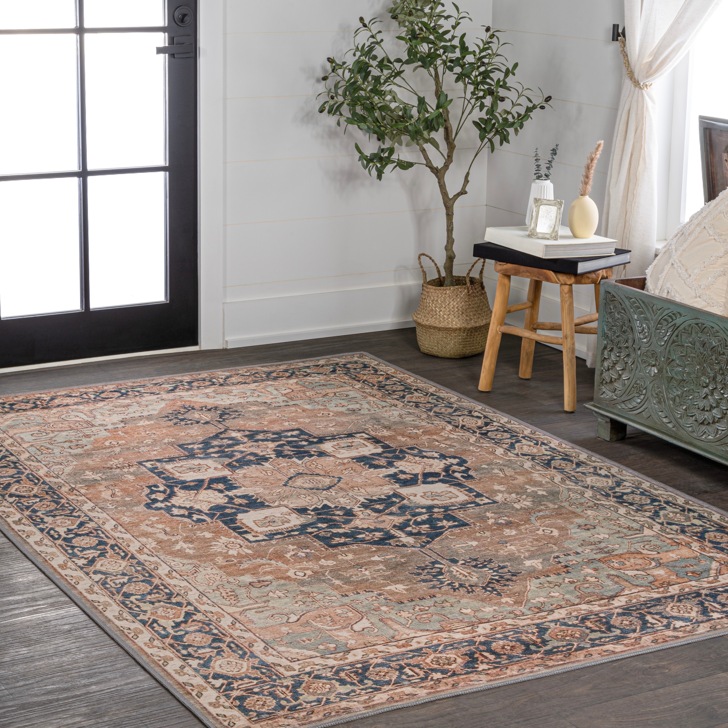 Maris Ornate Medallion Machine-Washable Beige and Blue Chenille Area Rug