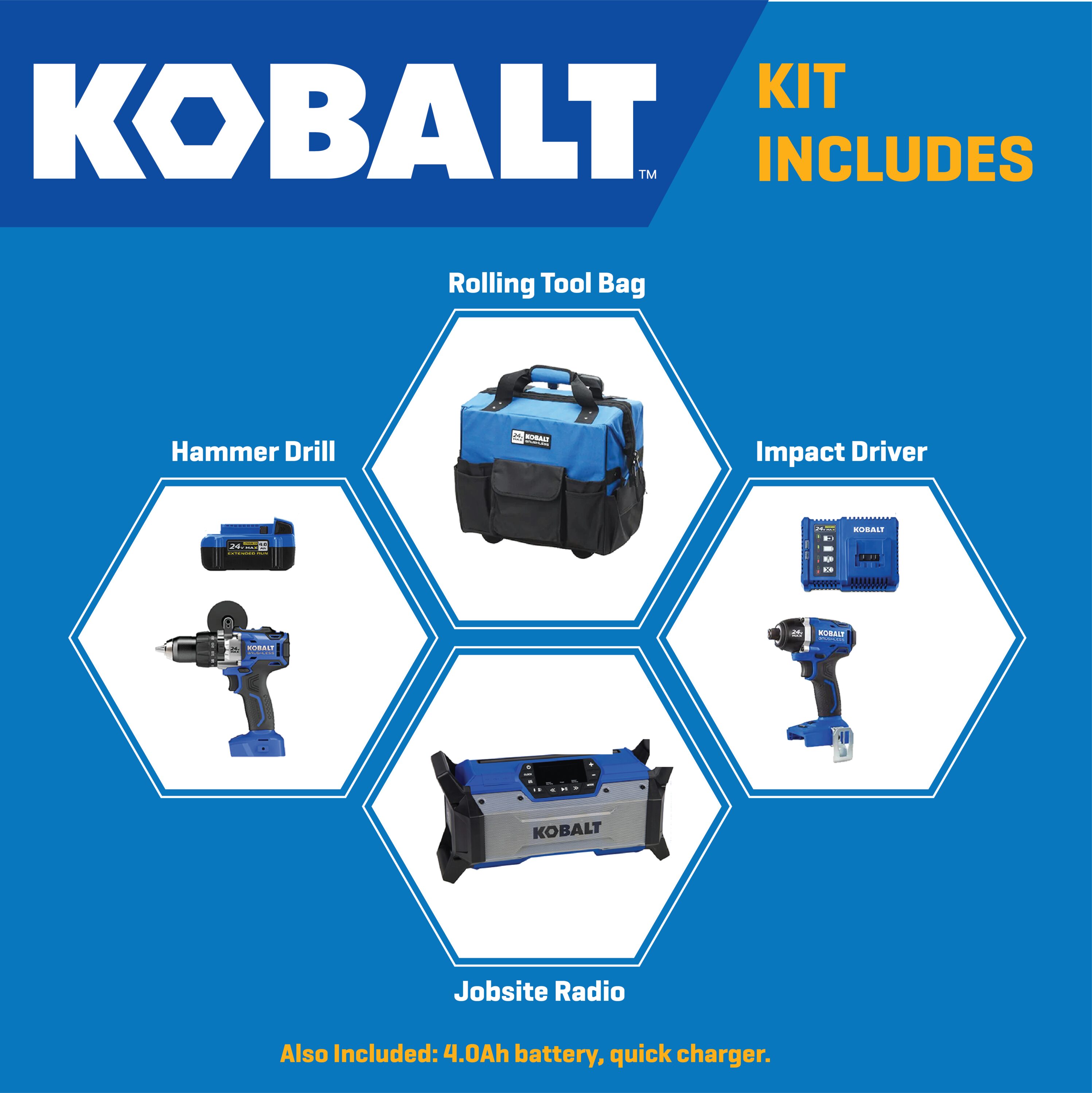 Kobalt 24 Volt 3 Tool Brushless Power Tool Combo Kit With Soft Rolling Case 1 Battery Included 7013