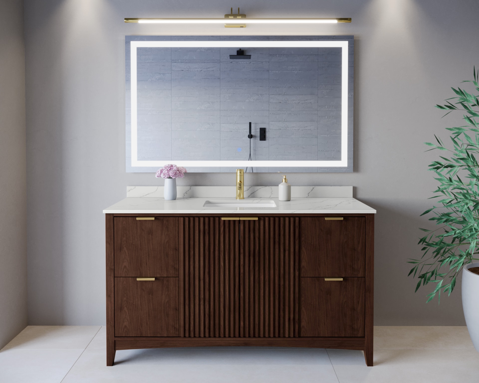 Wyndham Collection WCF919160SDDGTUNSMXX Palmilla 60-in Dark Walnut with Brushed Gold Trim Undermount Single Sink Bathroom Vanity with Giotto Quartz Quartz Top